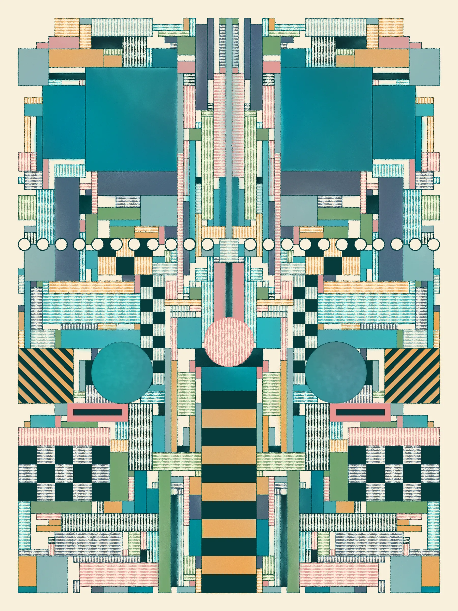 Hatches swing open to reveal portals to other places. They uncover lost layers, like peeled wallpaper exposing old images and emotions, or lenses enhancing hidden features. 

This series explores how simple design rules can lead to expressive compositions. These artworks simulate the process of drawing and coloring in a grid using simple forms, cross-hatched and painted. The textures meld and clash, adding energy to the works.

Each artwork can theoretically be recreated by someone with graph paper, pens and pencils, and watercolors for the solid washes -- though it would take time and a steady hand.

The series blends inspirations from Frank Lloyd Wright's decorative works, Art Deco patterns, the Bauhaus school, and Sol Le Witt's rules-based art practice to generate evocative new artworks.