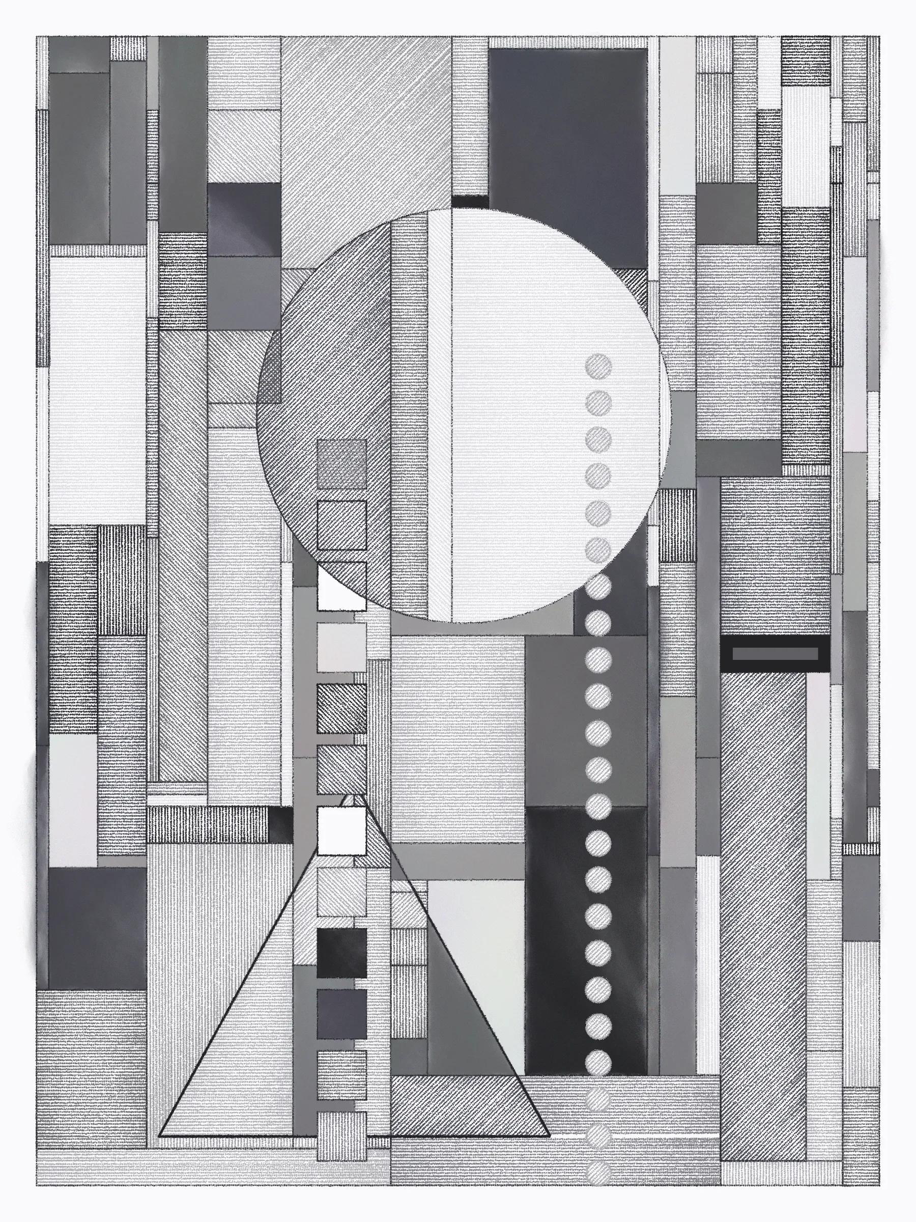 Hatches swing open to reveal portals to other places. They uncover lost layers, like peeled wallpaper exposing old images and emotions, or lenses enhancing hidden features. 

This series explores how simple design rules can lead to expressive compositions. These artworks simulate the process of drawing and coloring in a grid using simple forms, cross-hatched and painted. The textures meld and clash, adding energy to the works.

Each artwork can theoretically be recreated by someone with graph paper, pens and pencils, and watercolors for the solid washes -- though it would take time and a steady hand.

The series blends inspirations from Frank Lloyd Wright's decorative works, Art Deco patterns, the Bauhaus school, and Sol Le Witt's rules-based art practice to generate evocative new artworks.