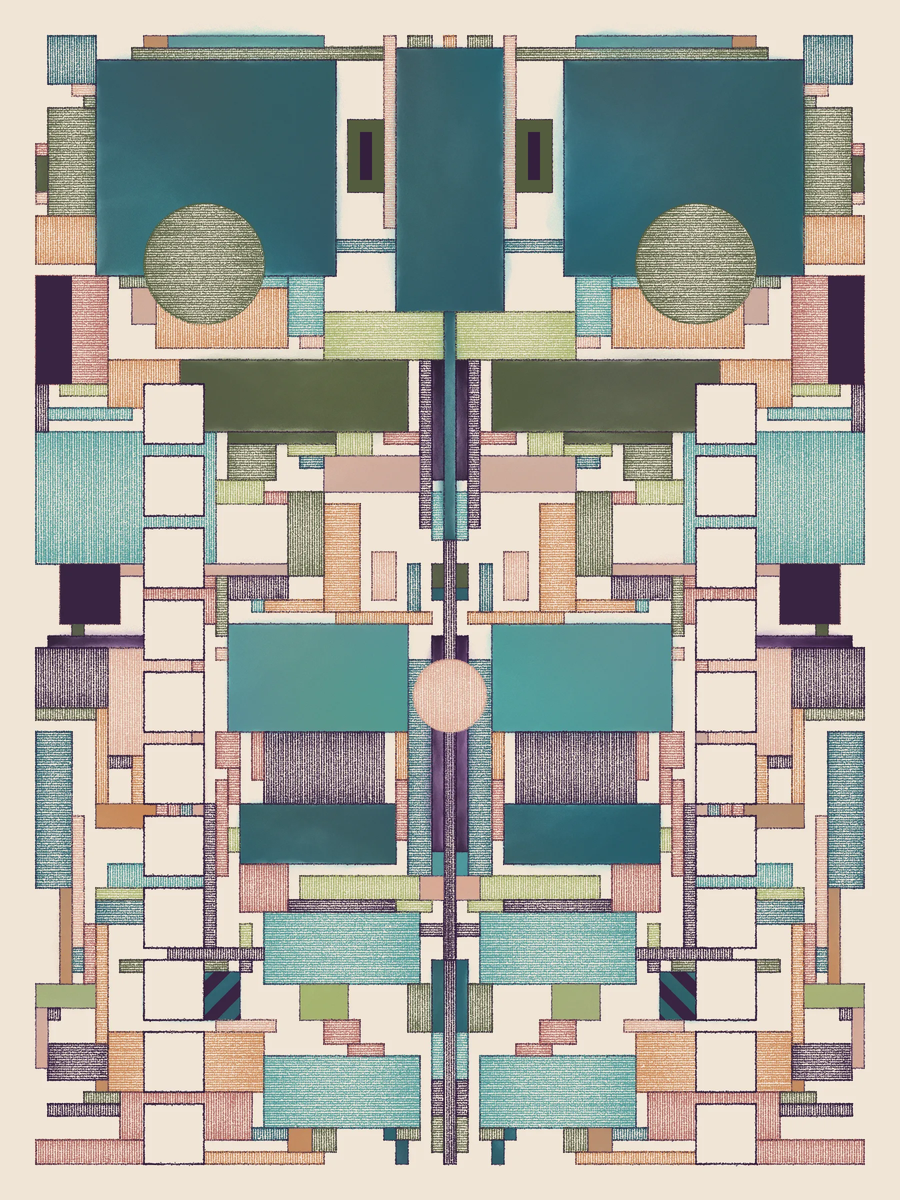 Hatches swing open to reveal portals to other places. They uncover lost layers, like peeled wallpaper exposing old images and emotions, or lenses enhancing hidden features. 

This series explores how simple design rules can lead to expressive compositions. These artworks simulate the process of drawing and coloring in a grid using simple forms, cross-hatched and painted. The textures meld and clash, adding energy to the works.

Each artwork can theoretically be recreated by someone with graph paper, pens and pencils, and watercolors for the solid washes -- though it would take time and a steady hand.

The series blends inspirations from Frank Lloyd Wright's decorative works, Art Deco patterns, the Bauhaus school, and Sol Le Witt's rules-based art practice to generate evocative new artworks.