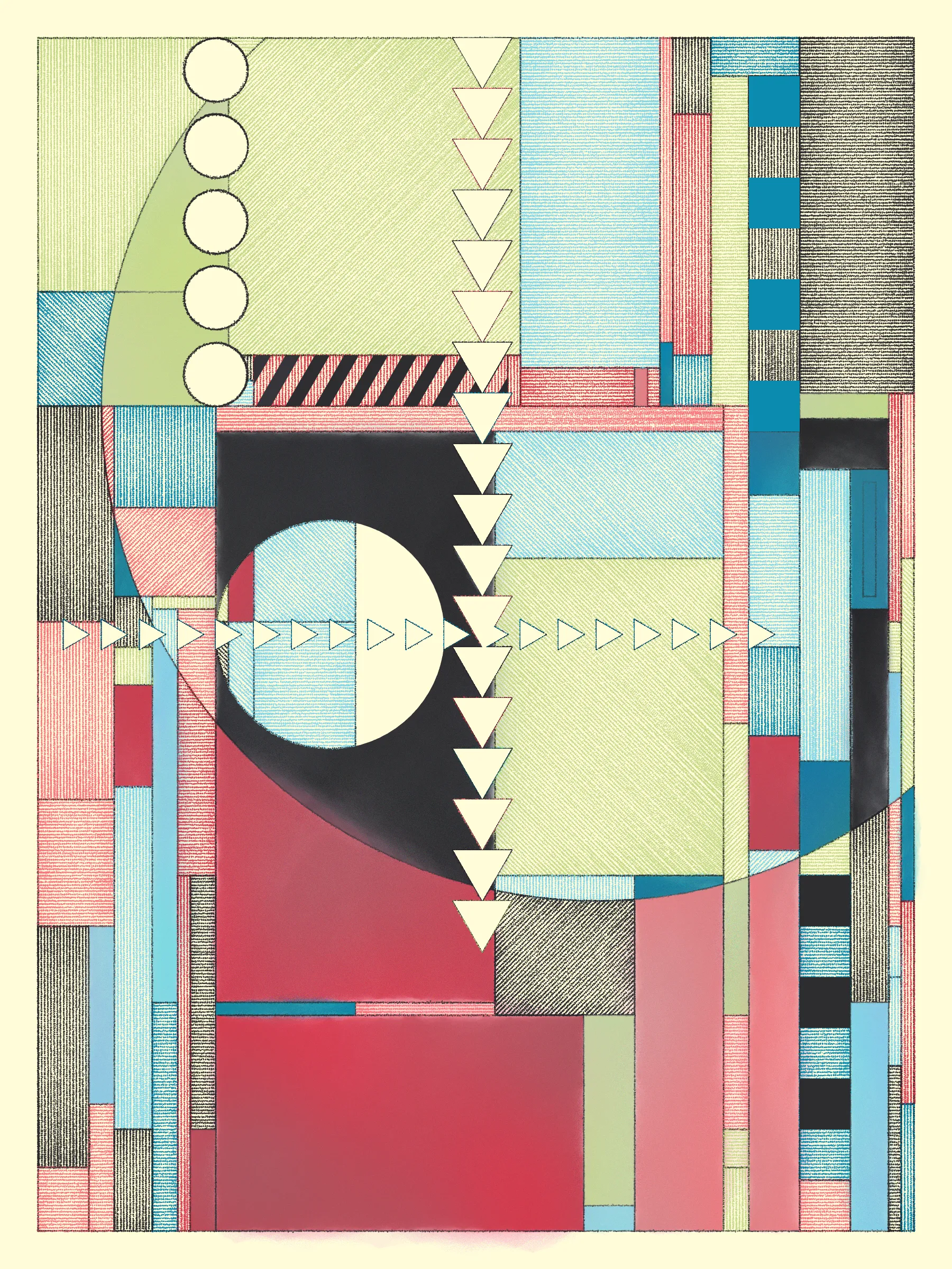 Hatches swing open to reveal portals to other places. They uncover lost layers, like peeled wallpaper exposing old images and emotions, or lenses enhancing hidden features. 

This series explores how simple design rules can lead to expressive compositions. These artworks simulate the process of drawing and coloring in a grid using simple forms, cross-hatched and painted. The textures meld and clash, adding energy to the works.

Each artwork can theoretically be recreated by someone with graph paper, pens and pencils, and watercolors for the solid washes -- though it would take time and a steady hand.

The series blends inspirations from Frank Lloyd Wright's decorative works, Art Deco patterns, the Bauhaus school, and Sol Le Witt's rules-based art practice to generate evocative new artworks.