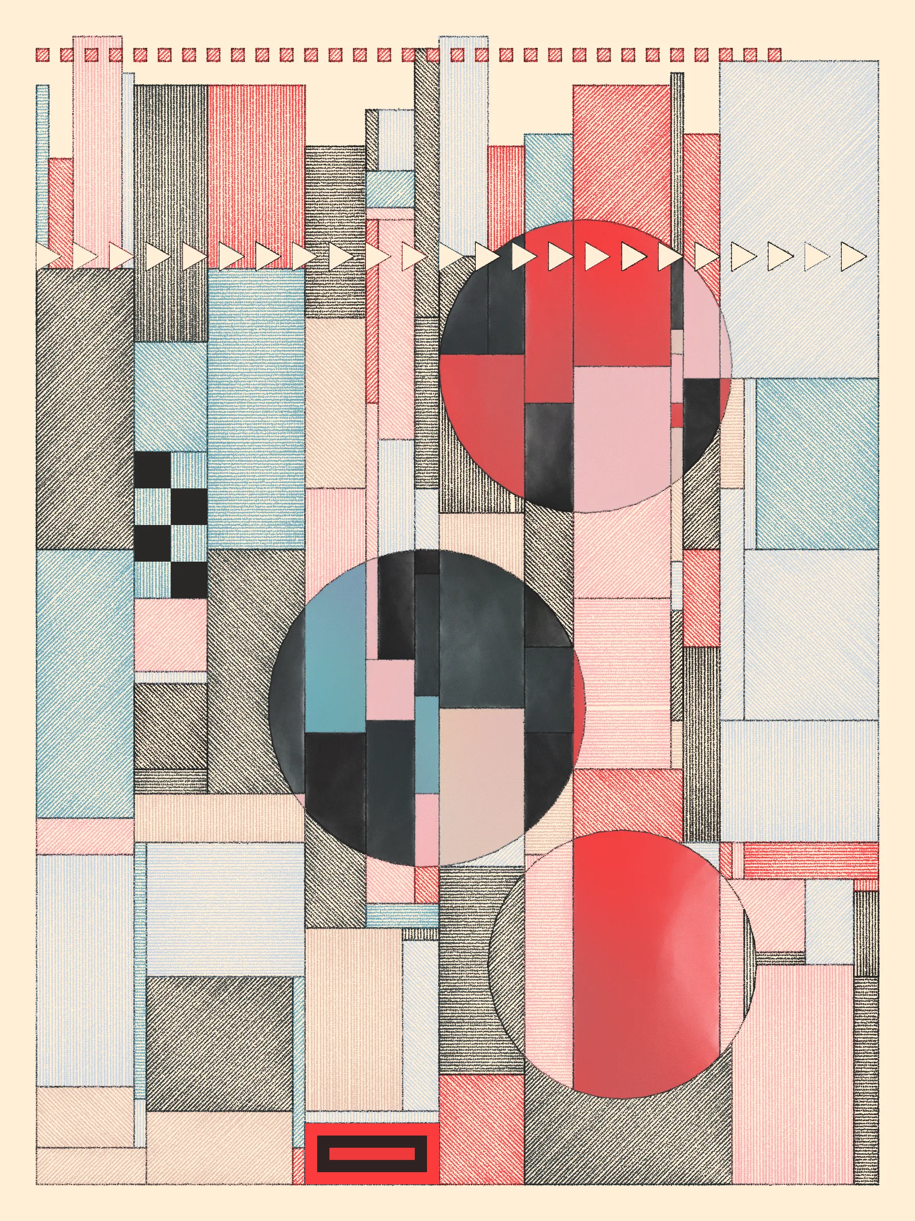 Hatches swing open to reveal portals to other places. They uncover lost layers, like peeled wallpaper exposing old images and emotions, or lenses enhancing hidden features. 

This series explores how simple design rules can lead to expressive compositions. These artworks simulate the process of drawing and coloring in a grid using simple forms, cross-hatched and painted. The textures meld and clash, adding energy to the works.

Each artwork can theoretically be recreated by someone with graph paper, pens and pencils, and watercolors for the solid washes -- though it would take time and a steady hand.

The series blends inspirations from Frank Lloyd Wright's decorative works, Art Deco patterns, the Bauhaus school, and Sol Le Witt's rules-based art practice to generate evocative new artworks.