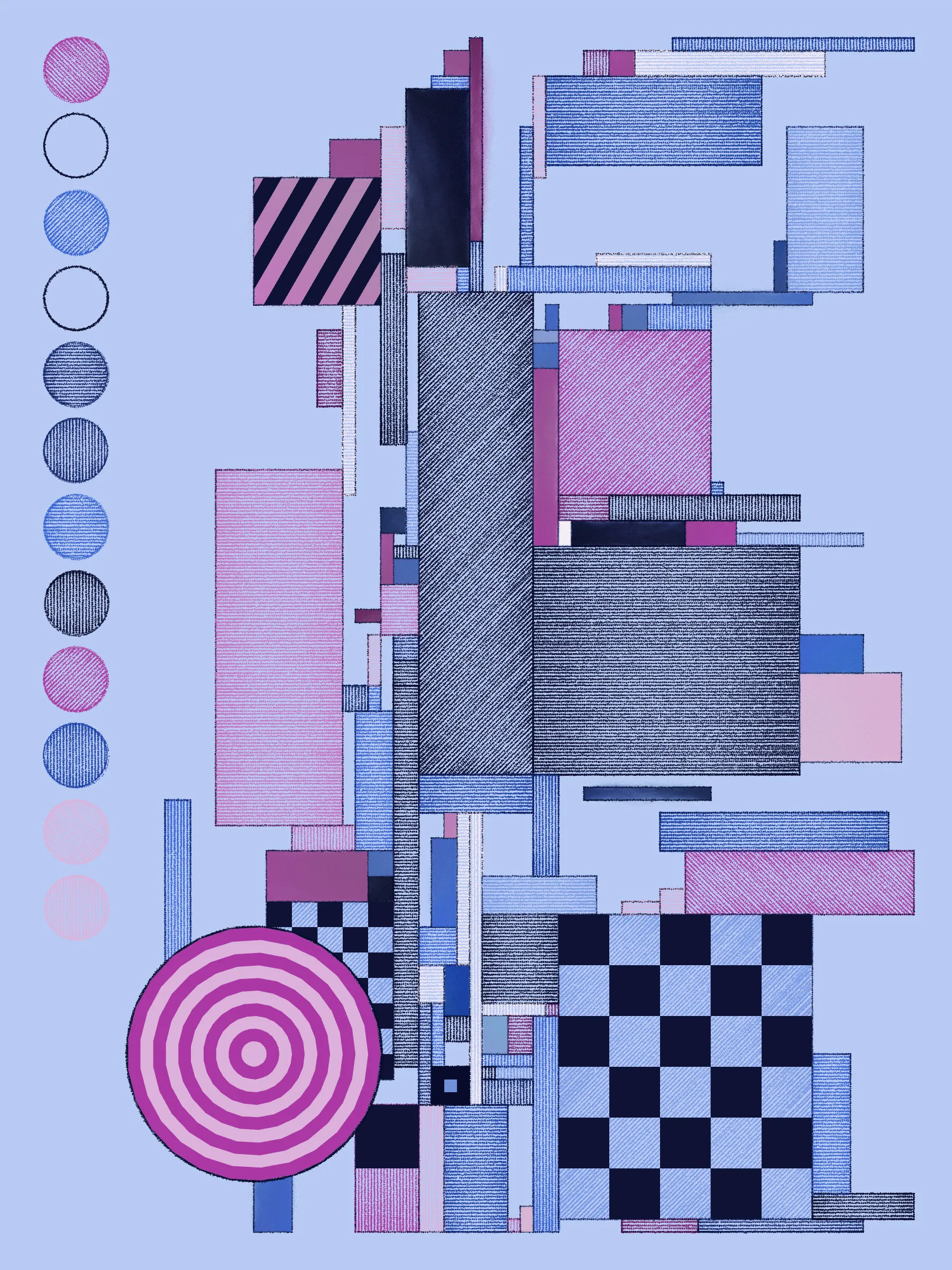 Hatches swing open to reveal portals to other places. They uncover lost layers, like peeled wallpaper exposing old images and emotions, or lenses enhancing hidden features. 

This series explores how simple design rules can lead to expressive compositions. These artworks simulate the process of drawing and coloring in a grid using simple forms, cross-hatched and painted. The textures meld and clash, adding energy to the works.

Each artwork can theoretically be recreated by someone with graph paper, pens and pencils, and watercolors for the solid washes -- though it would take time and a steady hand.

The series blends inspirations from Frank Lloyd Wright's decorative works, Art Deco patterns, the Bauhaus school, and Sol Le Witt's rules-based art practice to generate evocative new artworks.