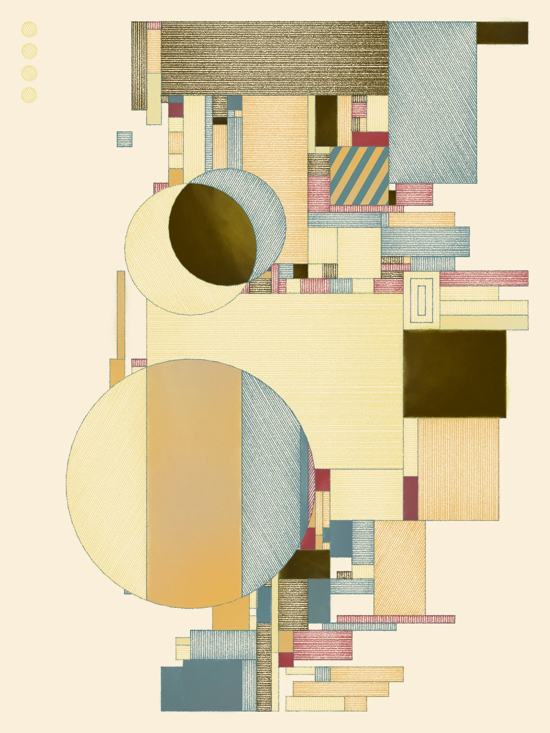 Hatches swing open to reveal portals to other places. They uncover lost layers, like peeled wallpaper exposing old images and emotions, or lenses enhancing hidden features. 

This series explores how simple design rules can lead to expressive compositions. These artworks simulate the process of drawing and coloring in a grid using simple forms, cross-hatched and painted. The textures meld and clash, adding energy to the works.

Each artwork can theoretically be recreated by someone with graph paper, pens and pencils, and watercolors for the solid washes -- though it would take time and a steady hand.

The series blends inspirations from Frank Lloyd Wright's decorative works, Art Deco patterns, the Bauhaus school, and Sol Le Witt's rules-based art practice to generate evocative new artworks.