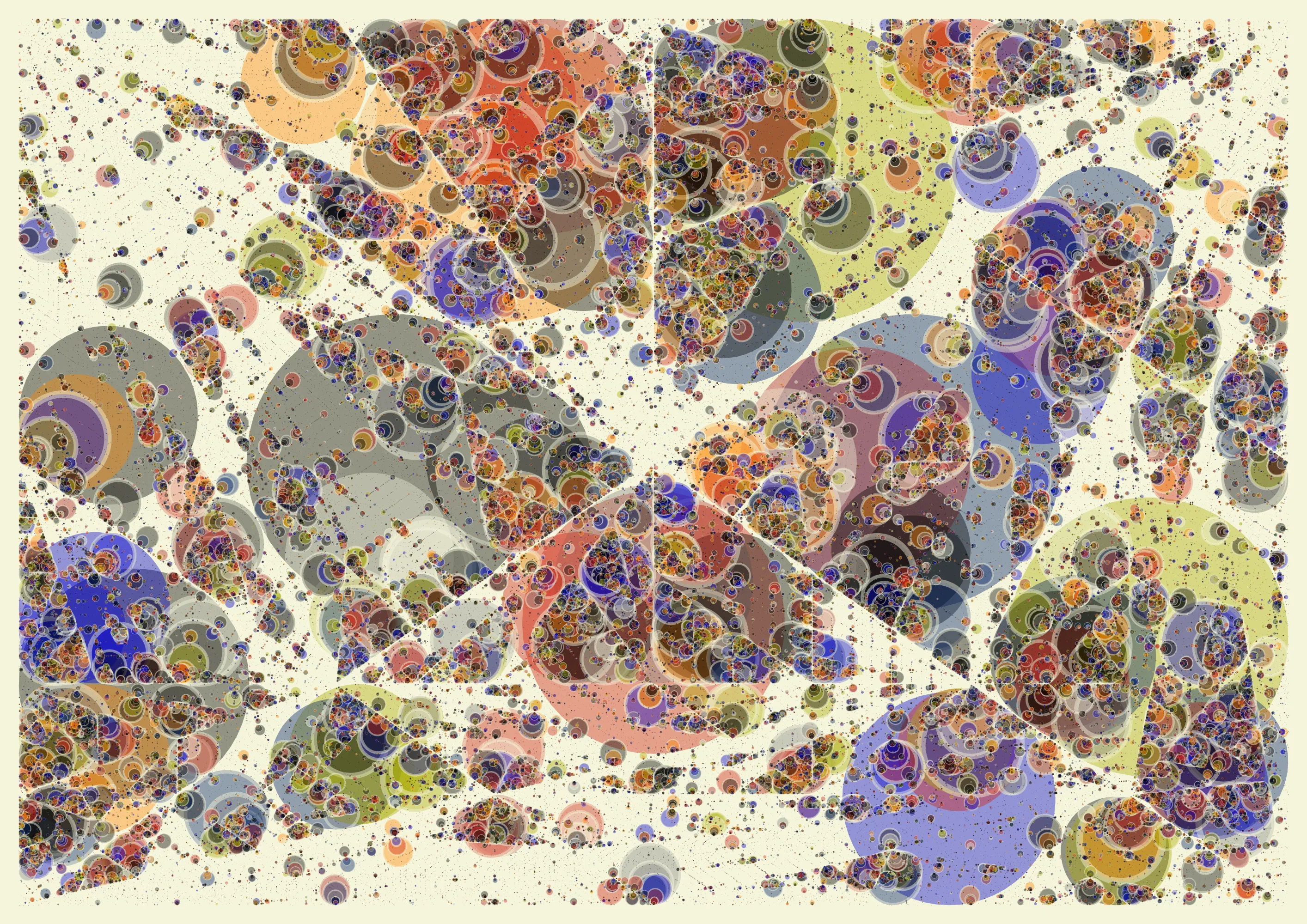 As described by Euclid as early as 300 BC in Book IV of "Elements", a circle can be drawn inside any triangle in such a way that it touches all three sides.
This is called the incircle of a triangle.

"Incircles" presents a subdivision of the plane into triangles, but instead of drawing those triangles, each incircle is drawn.
This results in captivating circle compositions, recursively drawn as only the computer can do.