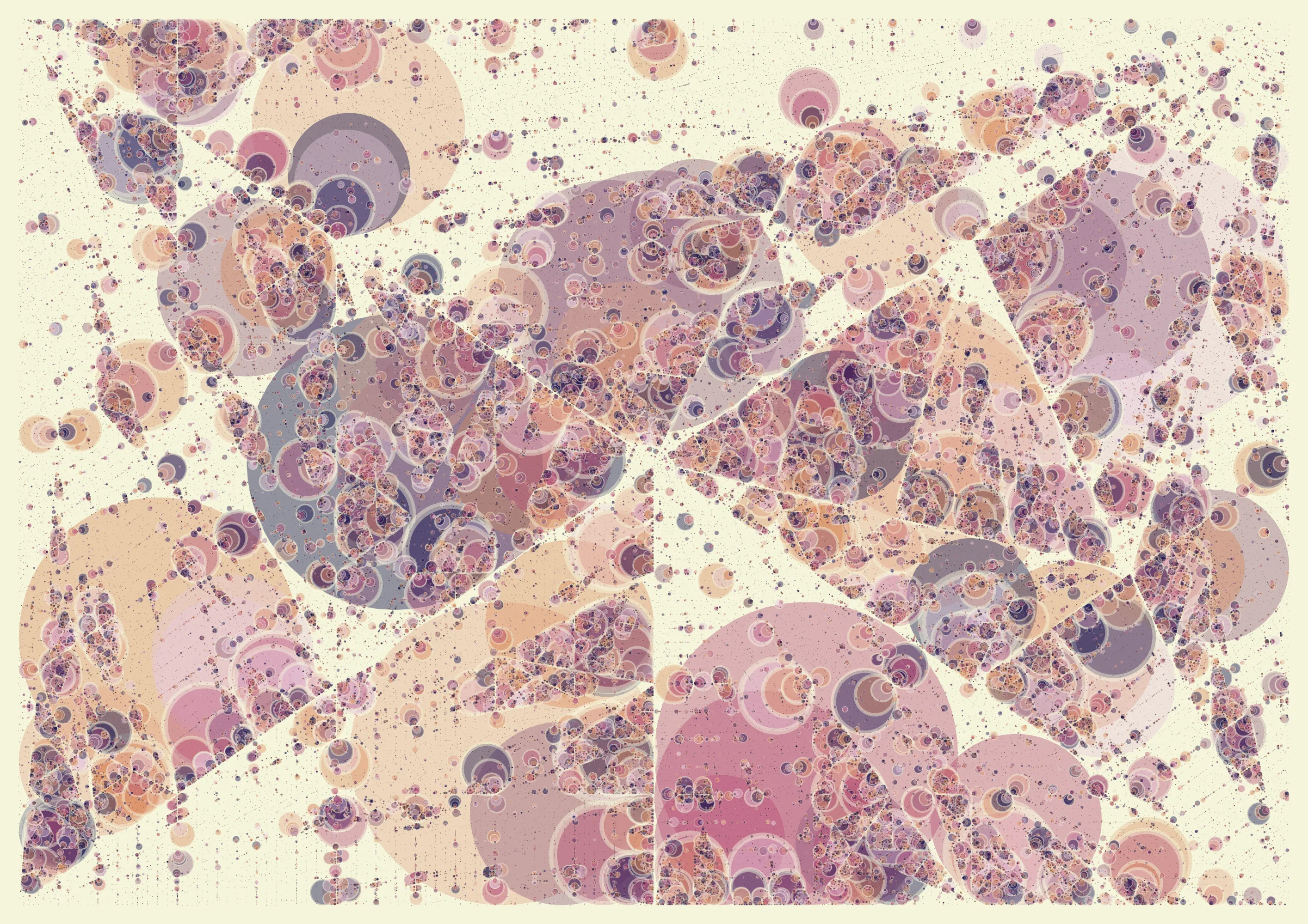 As described by Euclid as early as 300 BC in Book IV of "Elements", a circle can be drawn inside any triangle in such a way that it touches all three sides.
This is called the incircle of a triangle.

"Incircles" presents a subdivision of the plane into triangles, but instead of drawing those triangles, each incircle is drawn.
This results in captivating circle compositions, recursively drawn as only the computer can do.