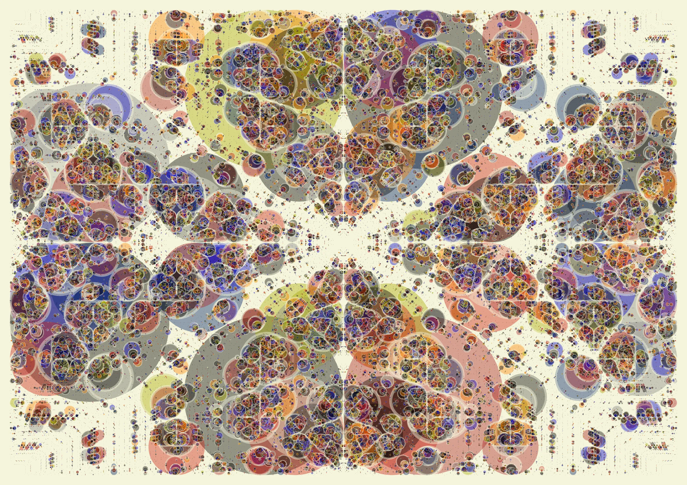 As described by Euclid as early as 300 BC in Book IV of "Elements", a circle can be drawn inside any triangle in such a way that it touches all three sides.
This is called the incircle of a triangle.

"Incircles" presents a subdivision of the plane into triangles, but instead of drawing those triangles, each incircle is drawn.
This results in captivating circle compositions, recursively drawn as only the computer can do.