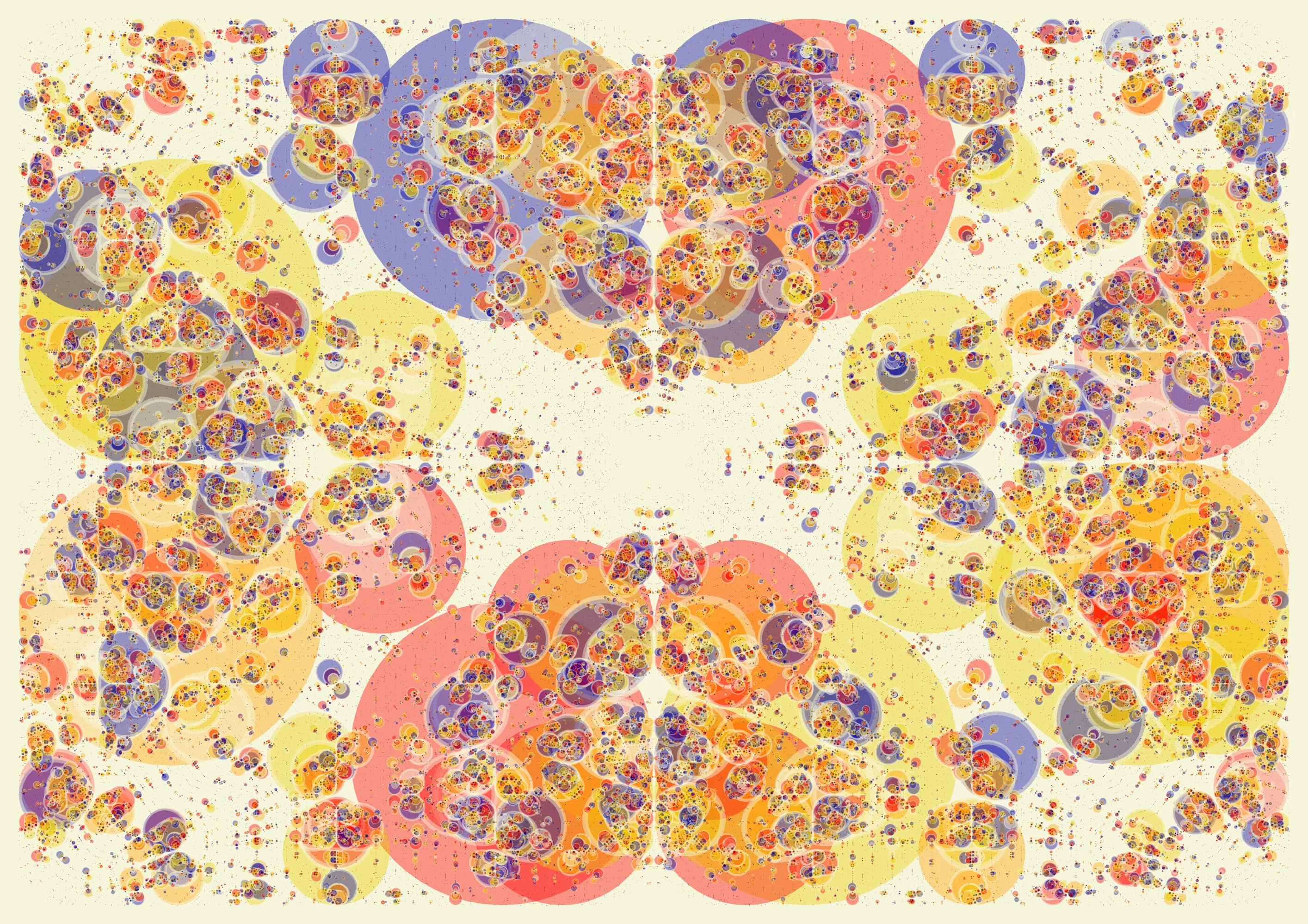 As described by Euclid as early as 300 BC in Book IV of "Elements", a circle can be drawn inside any triangle in such a way that it touches all three sides.
This is called the incircle of a triangle.

"Incircles" presents a subdivision of the plane into triangles, but instead of drawing those triangles, each incircle is drawn.
This results in captivating circle compositions, recursively drawn as only the computer can do.