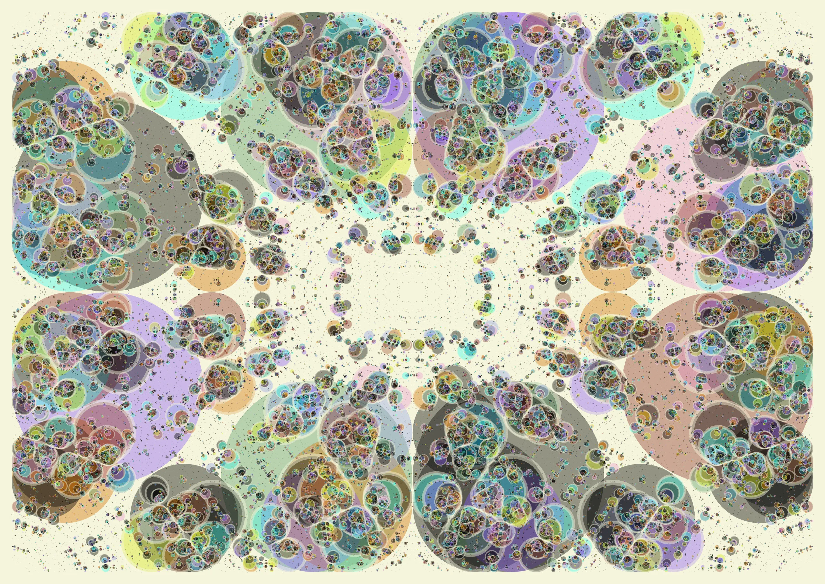 As described by Euclid as early as 300 BC in Book IV of "Elements", a circle can be drawn inside any triangle in such a way that it touches all three sides.
This is called the incircle of a triangle.

"Incircles" presents a subdivision of the plane into triangles, but instead of drawing those triangles, each incircle is drawn.
This results in captivating circle compositions, recursively drawn as only the computer can do.