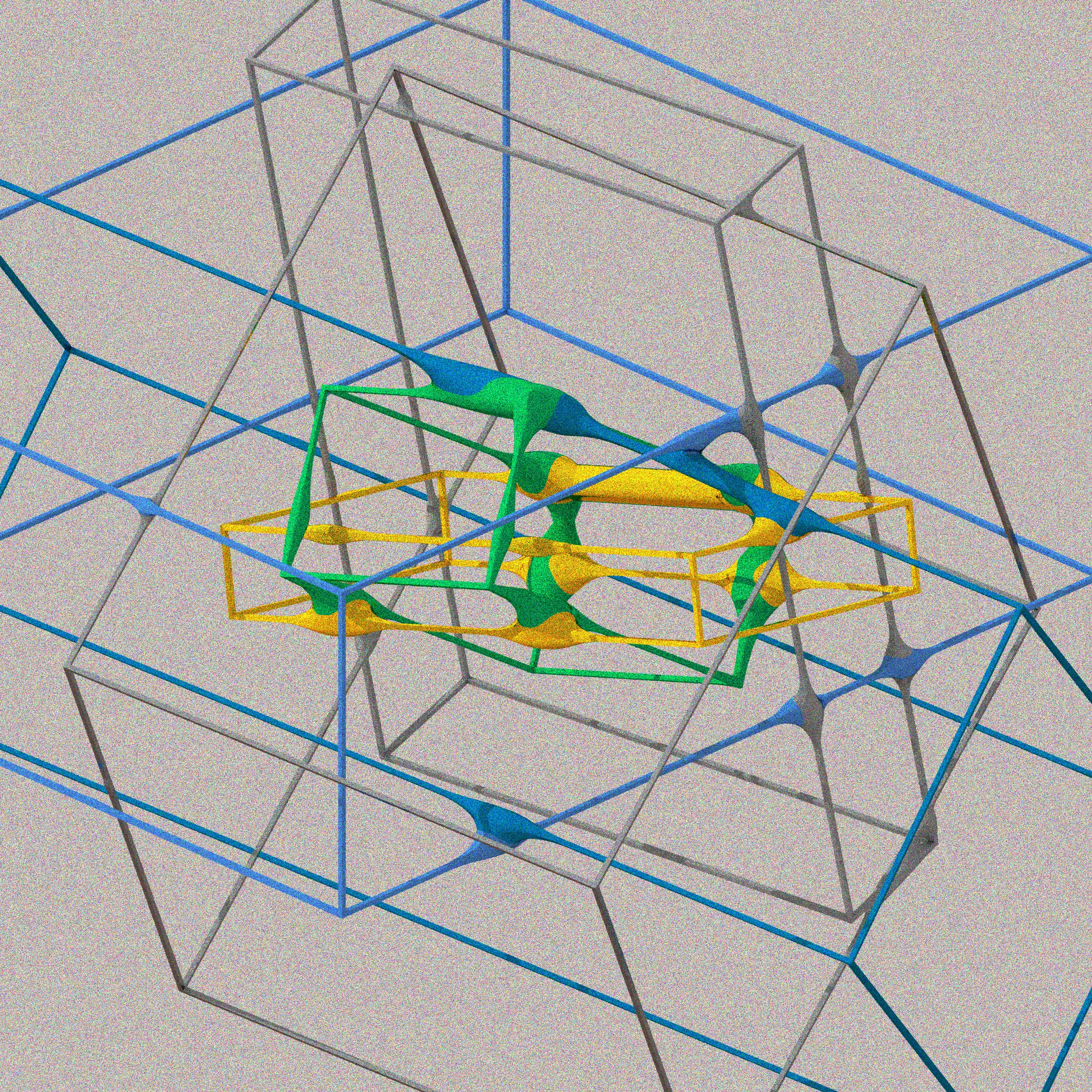 ```
lightweight reconstruction
┌─────┬─────┬─────┐
│ H×M │  M  │ M×E │
├─────┼─────┼─────┤
│  H  │ H×E │  E  │
├─────┼─────┼─────┤
│ H×R │  R  │ R×E │
└─────┴─────┴─────┘
fig. 1. combinatorial matrix

```
This project is part of an ongoing experiment in contextualizing and representing digital tectonics (simulated particles, 3D meshes, physics engines, etc) called Lightweight Construction. This generative iteration of the project follows Gottfried Semper’s speculations on the core elements of architecture laid out in the seminal 1851 essay The Four Elements of Architecture: hearth (H), mound (M), enclosure (E), and roof (R). Using Semper as a starting point, we developed a combinatorial matrix that suggests various types of ways the four elements can be assembled in pairs. The generative ruleset creates a limited set of assemblies that are expressed as blended mathematical primitives. Roofs are expressed as geometric extrusions, Mounds as tiled platforms, Hearths as smooth volumes, and Enclosures as rectilinear frames. Representing these as functions allows them to morph smoothly into each other in virtual space; something almost impossible to do in physical space.
```

hearth    -->   []
mound     -->  _/\_
roof      -->  >|(<
enclosure -->  |==|

```
In lightweight reconstruction, Semper’s speculative history of architecture’s fundamental elements provides a model for interpreting digital materials, contemporary visual effects, and mathematical representations of the physical world. Each iteration of the algorithm generates assemblies of parts and objects that are somewhat familiar yet impossible to construct in the physical world. They are produced through mathematical approximations of surfaces and volumes rendered using a custom made path-tracing engine (a common technique for visualizing unbuilt architectures). The generated assemblies can be read as Semper’s Four Elements, but they can also exist as hybrids and hint at new categories. These impossible, strangely familiar details from another world ask us to reflect on how the instruments we use affect our imagination.

Double click/tap to pause the rendering.
Press 's' to save a still image. 

```

-office ca, 2024
```