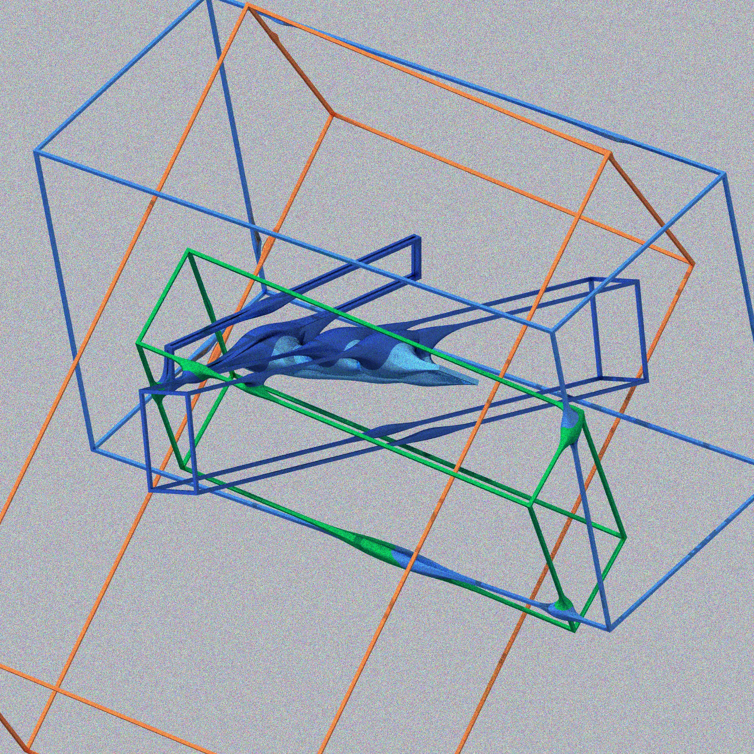 ```
lightweight reconstruction
┌─────┬─────┬─────┐
│ H×M │  M  │ M×E │
├─────┼─────┼─────┤
│  H  │ H×E │  E  │
├─────┼─────┼─────┤
│ H×R │  R  │ R×E │
└─────┴─────┴─────┘
fig. 1. combinatorial matrix

```
This project is part of an ongoing experiment in contextualizing and representing digital tectonics (simulated particles, 3D meshes, physics engines, etc) called Lightweight Construction. This generative iteration of the project follows Gottfried Semper’s speculations on the core elements of architecture laid out in the seminal 1851 essay The Four Elements of Architecture: hearth (H), mound (M), enclosure (E), and roof (R). Using Semper as a starting point, we developed a combinatorial matrix that suggests various types of ways the four elements can be assembled in pairs. The generative ruleset creates a limited set of assemblies that are expressed as blended mathematical primitives. Roofs are expressed as geometric extrusions, Mounds as tiled platforms, Hearths as smooth volumes, and Enclosures as rectilinear frames. Representing these as functions allows them to morph smoothly into each other in virtual space; something almost impossible to do in physical space.
```

hearth    -->   []
mound     -->  _/\_
roof      -->  >|(<
enclosure -->  |==|

```
In lightweight reconstruction, Semper’s speculative history of architecture’s fundamental elements provides a model for interpreting digital materials, contemporary visual effects, and mathematical representations of the physical world. Each iteration of the algorithm generates assemblies of parts and objects that are somewhat familiar yet impossible to construct in the physical world. They are produced through mathematical approximations of surfaces and volumes rendered using a custom made path-tracing engine (a common technique for visualizing unbuilt architectures). The generated assemblies can be read as Semper’s Four Elements, but they can also exist as hybrids and hint at new categories. These impossible, strangely familiar details from another world ask us to reflect on how the instruments we use affect our imagination.

Double click/tap to pause the rendering.
Press 's' to save a still image. 

```

-office ca, 2024
```