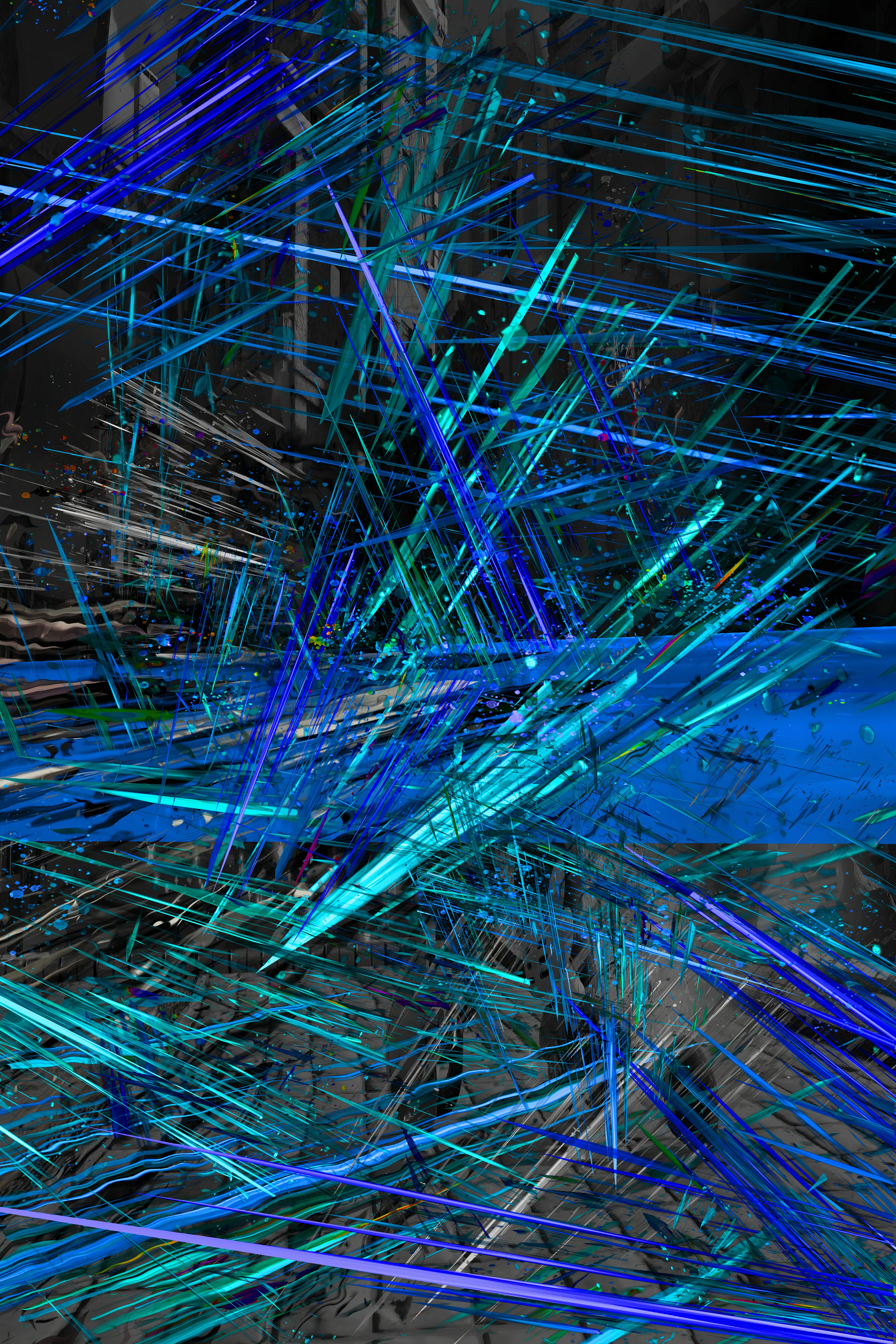 Seventh in my series of abstracts based on in-game screengrabs. Each piece has the title of the game it’s based on. This one is from a 3D game featuring the blue hedgehog with the bonus feature of adding a custom avatar. 

I'm interested in the visceral attraction of game technology. I spent many hours losing myself in games and these worlds and characters still fascinate. 

The image starts as a screengrab. I ‘atomise’ it, filtering the image down to various coloured dots. I extrude the dots into a 3rd dimension using a light distribution mesh. Then layer multiple extrusions over each other. The original game shot is used as background and the ‘atoms’ in the foreground. Finally I run it all through an AI, giving a painterly warp to details. 

Dimensions: 4000 × 6000
