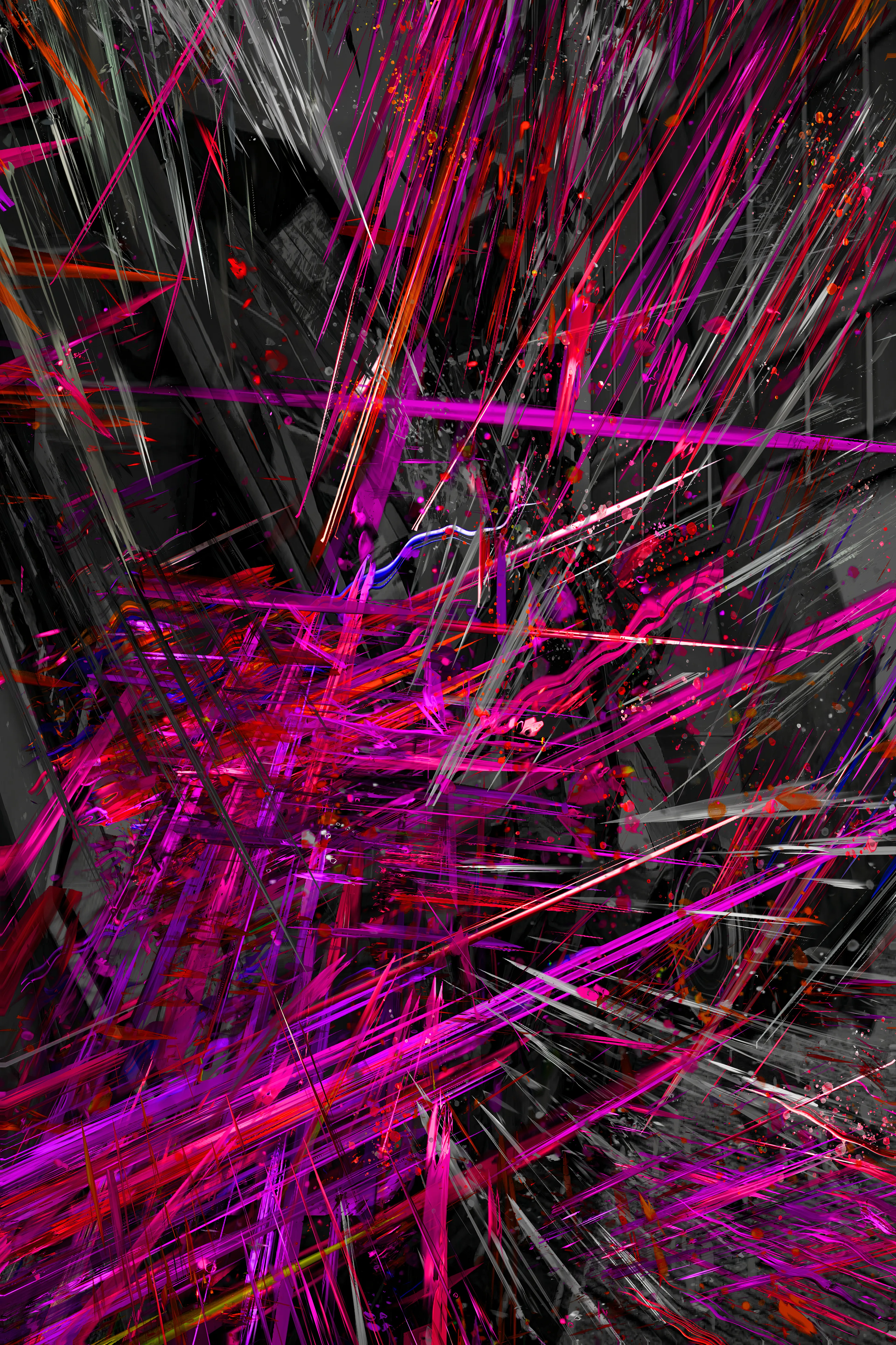 Sixth in a series of abstracts based on in-game screengrabs. Each piece has the title of the game it’s based on. This piece is based on a racing game well known for its feature 'Crash Mode'. 

I'm interested in exploring the visceral attraction of game technology. I spent many hours obliterating myself in games and these worlds still fascinate. 

The image starts as a screengrab. I ‘atomise’ it, filtering the image down to various coloured dots. I extrude the dots into a 3rd dimension using a light distribution mesh. Then layer multiple extrusions over each other. The original game shot is used as background and the ‘atoms’ in the foreground. Finally I run it all through an AI, giving a painterly warp to details. 

Dimensions: 4000 × 6000
