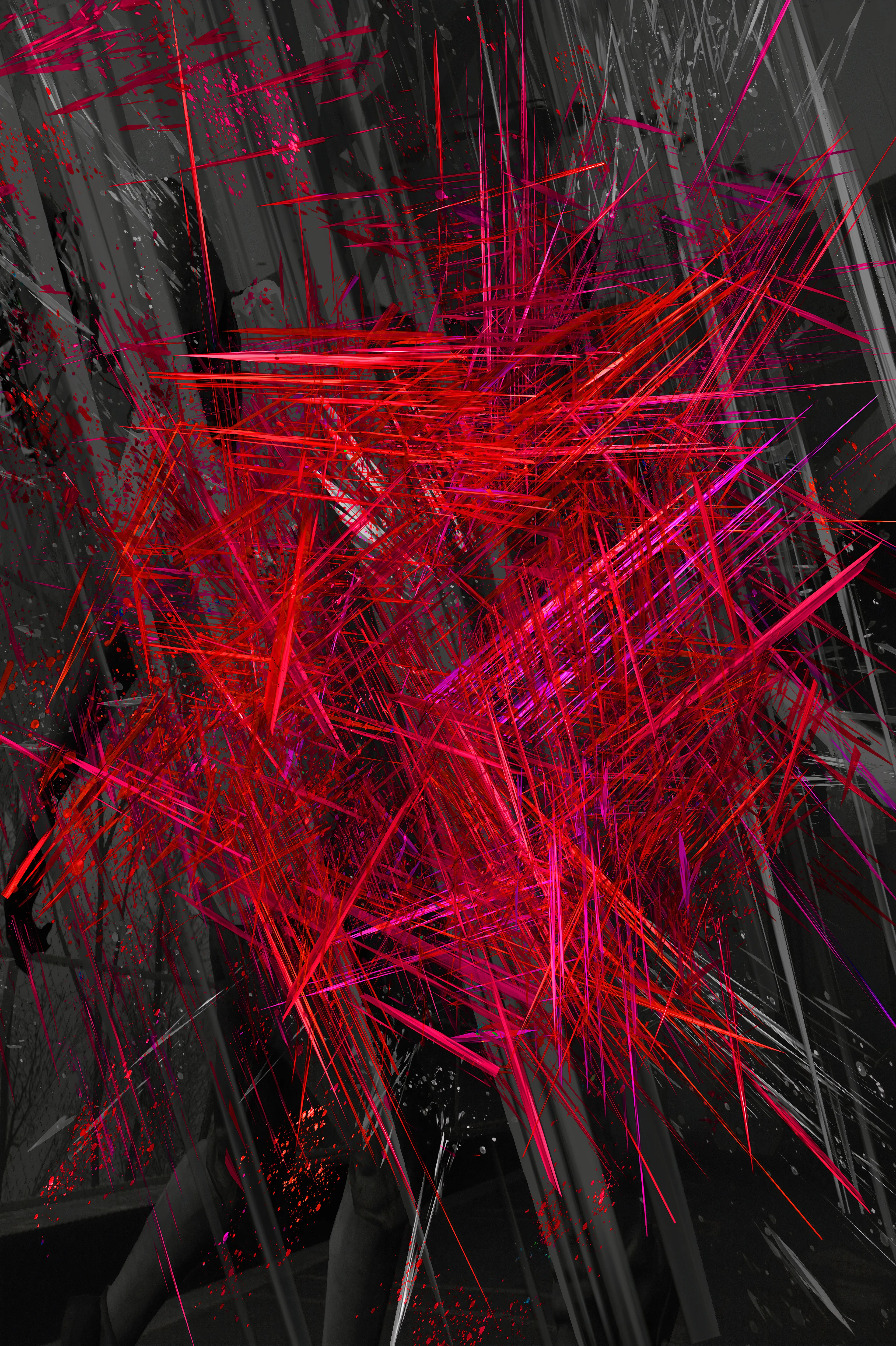 Part of my series of abstracts based on in-game screengrabs. Each piece has the title of the game it’s based on. This piece is ripped from a zombie apocalpyse action horror sequel. 

I'm interested in exploring the visceral attraction of game technology. I spent many hours losing myself in games and these worlds and characters still fascinate. 

The image starts as a screengrab. I ‘atomise’ it, filtering the image down to various coloured dots. I extrude the dots into a 3rd dimension using a light distribution mesh. Then layer multiple extrusions over each other. The original game shot is used as background and the ‘atoms’ in the foreground. Finally I run it through an AI, giving a painterly warp to details. 

Dimensions: 4000 × 6000
