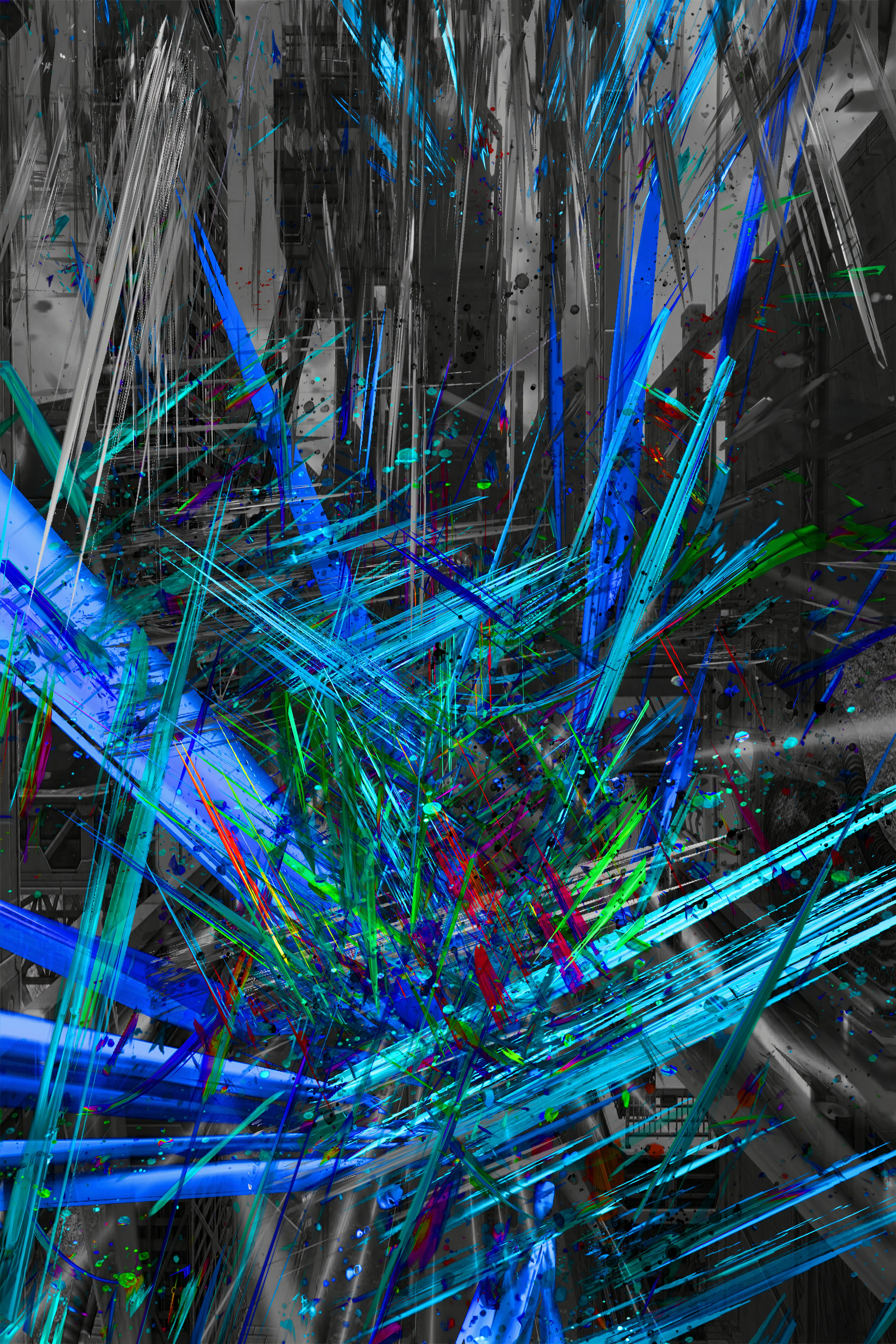 Third in my series of abstracts based on in-game screengrabs. Each piece has the title of the game it’s based on, this one is from the popular 3D platform game featuring a blue hedgehog in space. 

I process the game avatar until it dissolves into abstraction, while trying to keep some impression of the original. I'm interested in exploring the visceral attraction of game technology. I spent many hours obliterating myself in games and these worlds and characters still fascinate. 

The image starts as a screengrab. I ‘atomise’ it, filtering the image down to various coloured dots. I extrude the dots into a 3rd dimension using a light distribution mesh. Then layer multiple extrusions over each other. The original game shot is used as background and the ‘atoms’ in the foreground. Finally I run it through an AI, giving a painterly warp to details. 

Dimensions: 4000 × 6000
