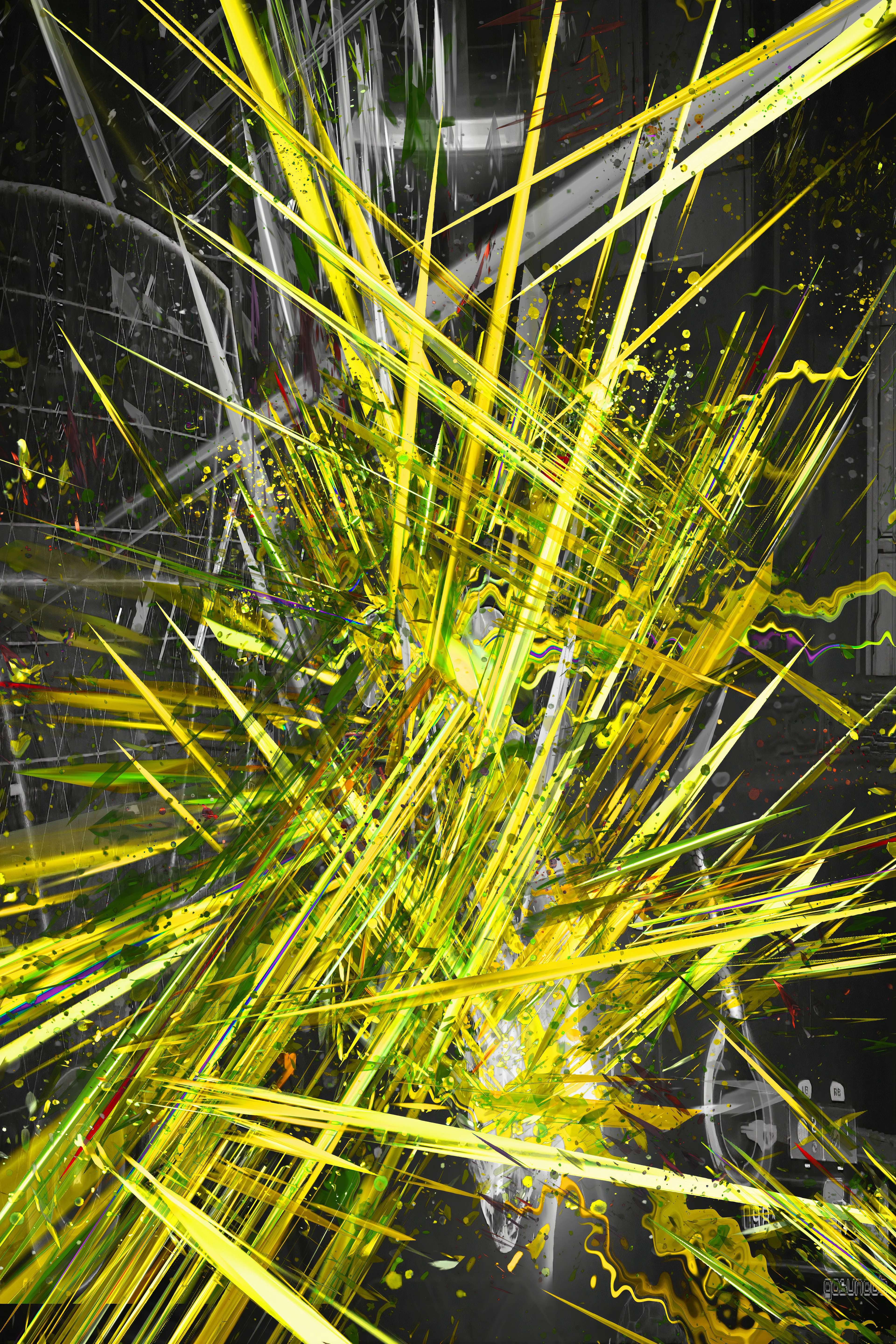 Part of a series of abstracts based on in-game screengrabs. Each piece has the title of the game it’s based on. This one was a first-person shooter set in ringworld Zeta Halo, put through abstract transformations. 

I'm interested in the visceral attraction of game technology and the metaphysics of virtual worlds. 

The image starts as a screengrab. I ‘atomise’ it, filtering the image down to various coloured dots. I extrude the dots into a 3rd dimension using a light distribution mesh. Then layer multiple extrusions over each other. The original game shot is used as background and the ‘atoms’ in the foreground. Finally I run it all through an AI, giving a painterly warp to details. 

Dimensions: 4000 × 6000
