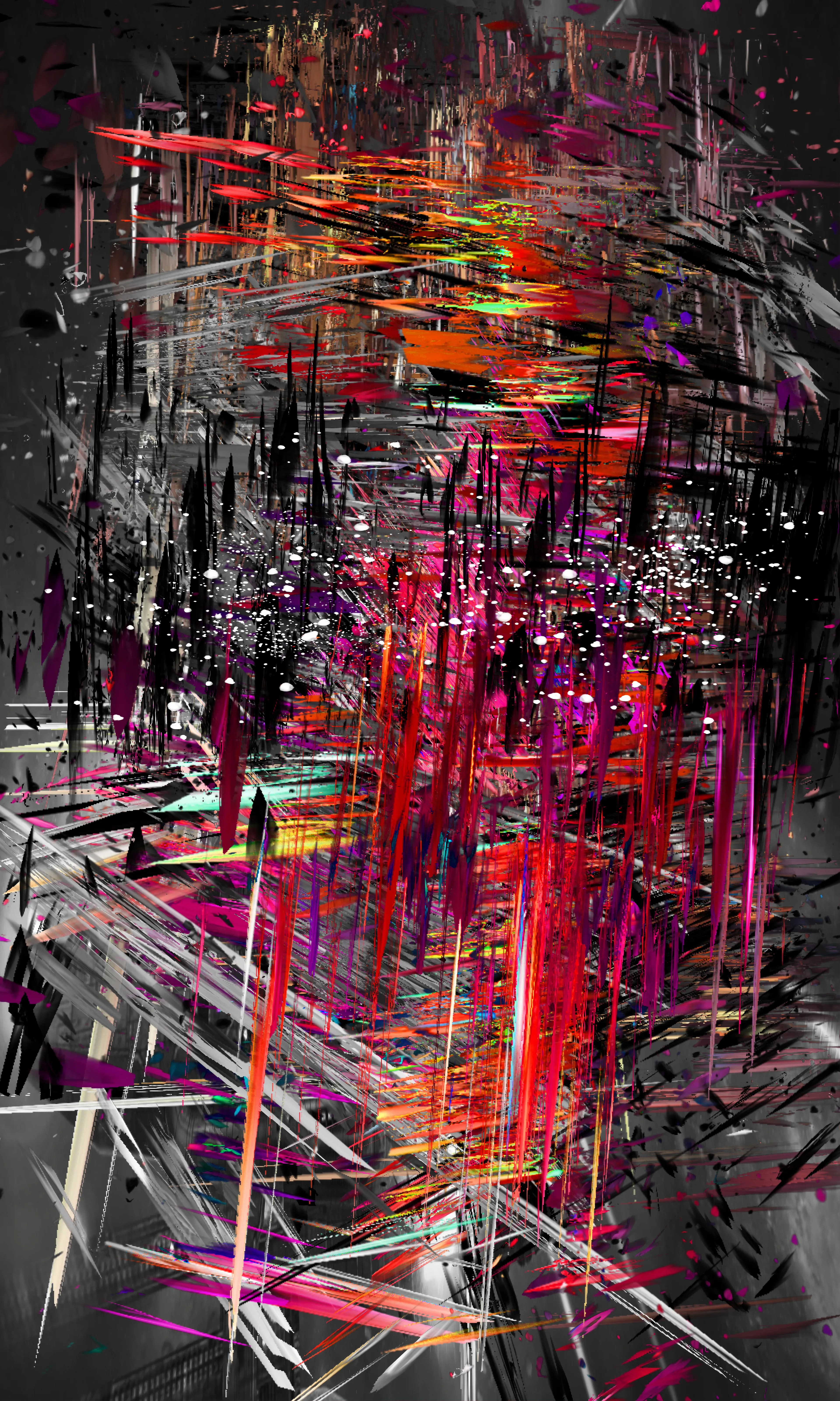 The first in a new series of abstracts based on in-game screengrabs. Each piece has the title of the game it’s based on. This artwork began life as an epic space battle in a real-time strategy game. 

A lot of anti-NFT sentiment has been coming from gamers, so I wanted to use games as raw material for my cryptoart. I was also interested in exploring the visceral attraction of game technology. I spent many hours obliterating myself in games and these worlds still fascinate. 

The image starts as an in-game screengrab. I ‘atomise’ it, filtering the image down to various coloured dots. I extrude the dots into a 3rd dimension using a light distribution mesh. Then layer multiple extrusions over each other. The original game scene is used as background and the ‘atoms’ in the foreground. Finally I run it through an AI, giving a painterly warp to the details. 

Dimensions: 4800 × 8000
