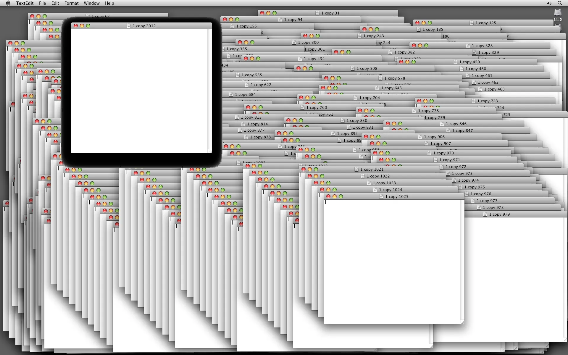 This screenshot shows one of the ways where I tried  to find the limits of the computer and OS performance in order to create another piece for Macintosh Lab. 

The image reveals 2012 TextEdit files opened at the same time. After filling the entire desktop area with 1025 files, the performance continued to open them in the same place creating a dark shadow that overlapped the remaining 987 files.

The computer handled it quite well and after these tests a new performance called Open Close txt was created.

Original screenshots dates 10 ‎October ‎2022, ‏‎10:58:52.