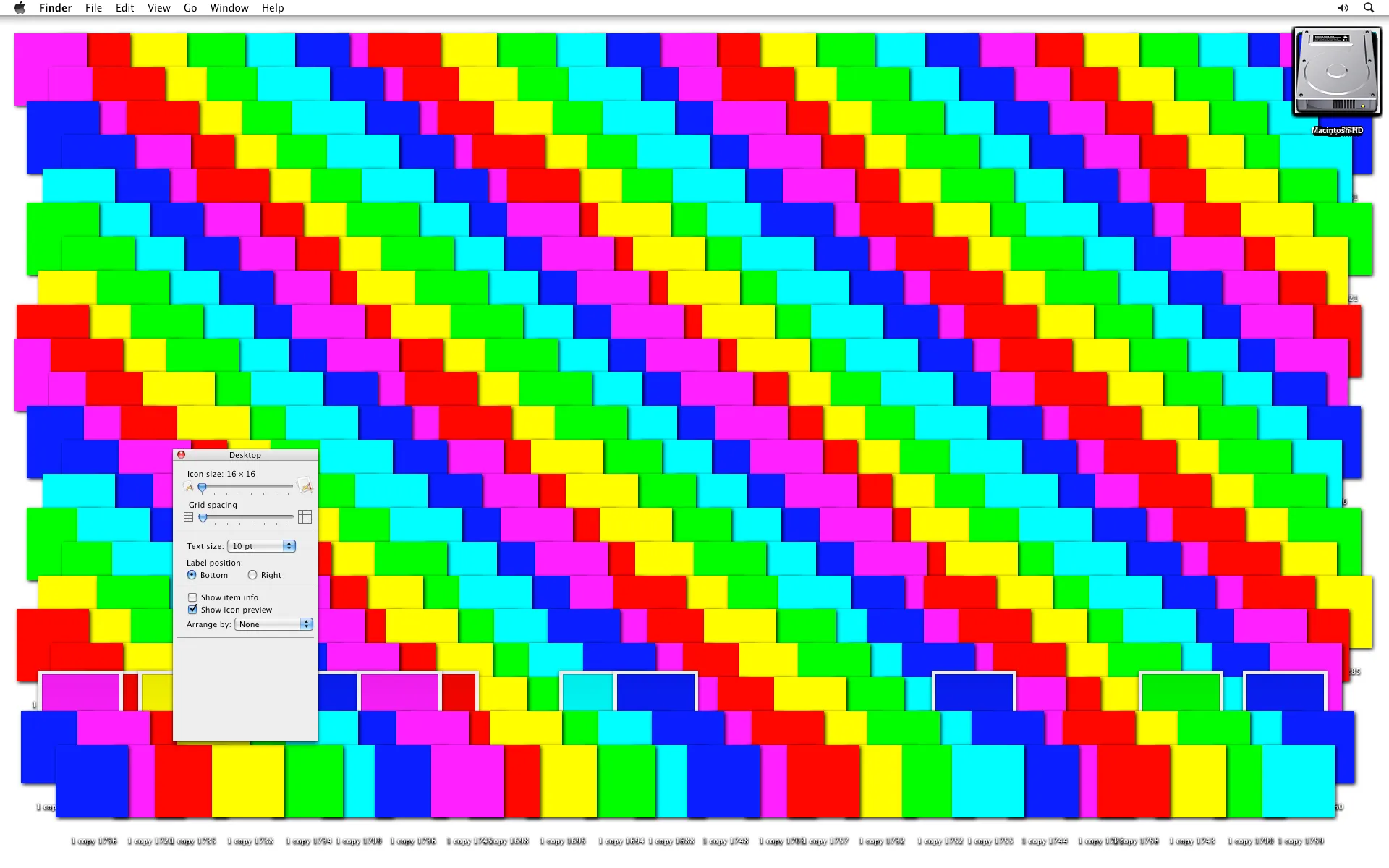 A screenshot showing a previous training for a computer desktop performance titled Diagonal Rainbow. In this step I was deciding the size of the icons over the desktop according to their diagonal distribution that was created by default when duplicating the files from the top left corner of the desktop.

At the time, the operating system displayed the PS thumbnails very clean and frameless, with this feature it allowed me to create a pixel-like  composition using the default functions of the macos.

In some occasions the lack of performance would bring some random white or black frames

Original screen shot dates 08 March 2012, 10:50:06.