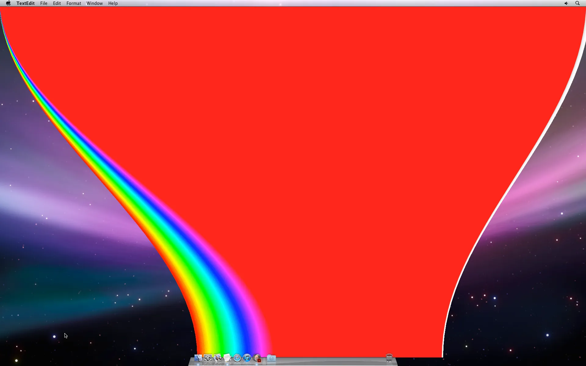 14 February 2012, 11:01:50 - A rainbow created by multiple TextEdit files colored with a single color each. They were placed in full screen on top of each other following the color order. The gradient appeared while minimizing all the files at once to the dock.