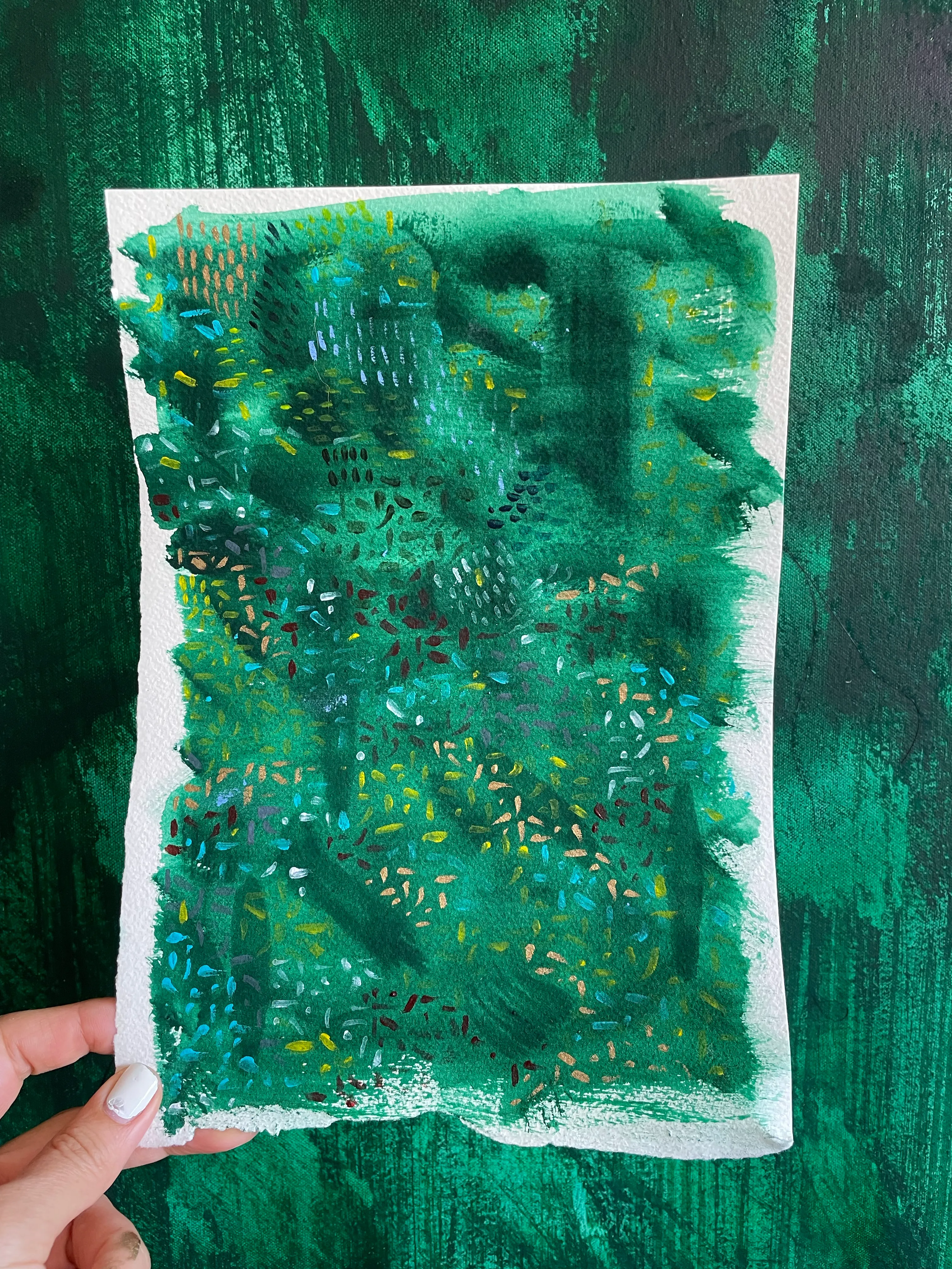 Treasure Enters
招財進寶
(Let Wealth & Treasure Enter)
1/1
300 DPI
12600 x  16800 px
An original test page overlayed as a close up over the larger painted canvas in development. Through the window into a window we glimpse inception.

Some of the most beautiful images I see are in the transient and ephemeral moments of beauty that occur in the process of creating another work.

The ‘Aesthetica’ Collection captures, preserves and shares the aesthetic experience of painting that is usually intimately private. Through digital photography, these fleeting images of aesthetic delight become artworks in their own right. No IRL artefact exists outside of these works as they are destroyed as quickly as they are created, painted over in palimpsest, subsumed into another work or washed away. Through this collection, my audience are invited to share in the spontaneous visual pleasure found in the process of painting, which is perhaps for me, the greatest motivating aspect of artistic creation itself.