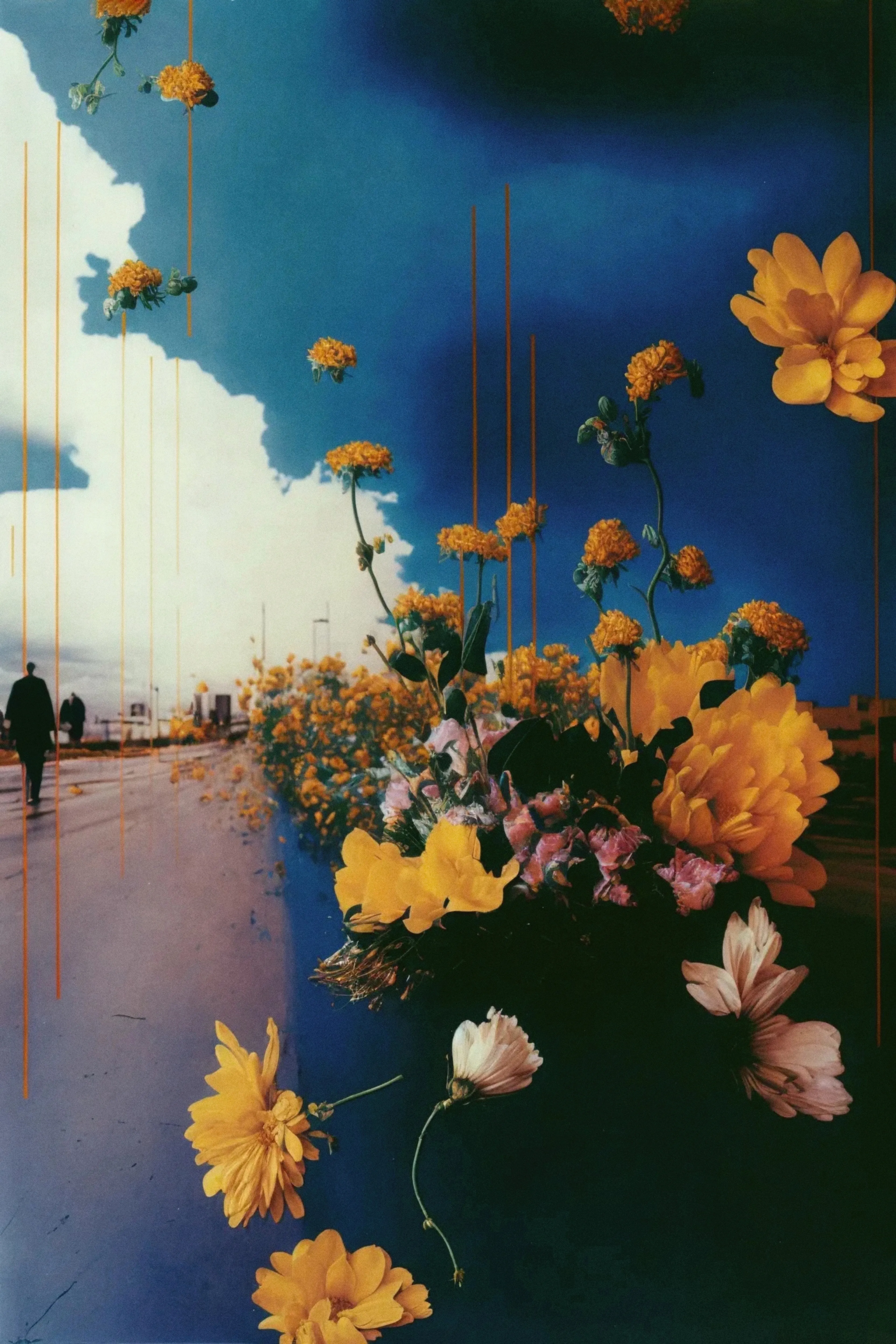 Amidst the roar of engines and rush of wheels, autumn's fiery leaves fall like confetti upon the highway, a fleeting celebration of the beauty that surrounds us, even in the midst of life's hectic journey.