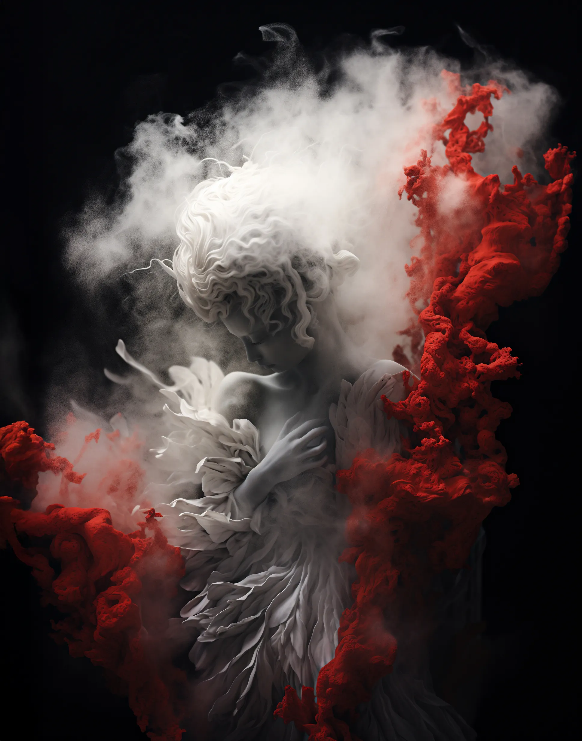 The darkness, disguised as red cotton, wraps around me like a cold sheet. I feel its weight on my shoulders, its pressure on my chest. I'm tired, so tired. I've been fighting against it for a long time, but now it seems like it's winning.

I look down at my hands. They're covered in white smoke, a faint light trying to break through the darkness. It's the last bit of hope I have.

I know I can beat the darkness. I know I can find the light. But I don't know how.

I close my eyes and take a deep breath. I feel the white smoke in my lungs, like a warm touch. It's the strength that gives me hope.

I raise my hand to my chest, protecting my soul. It's my source of light, the last thing I have.

But the darkness doesn't give up. The clouds of red cotton come closer, getting hotter, angrier, wanting to consume me.

I'm not going to give up. I'll keep fighting against the darkness until the end.