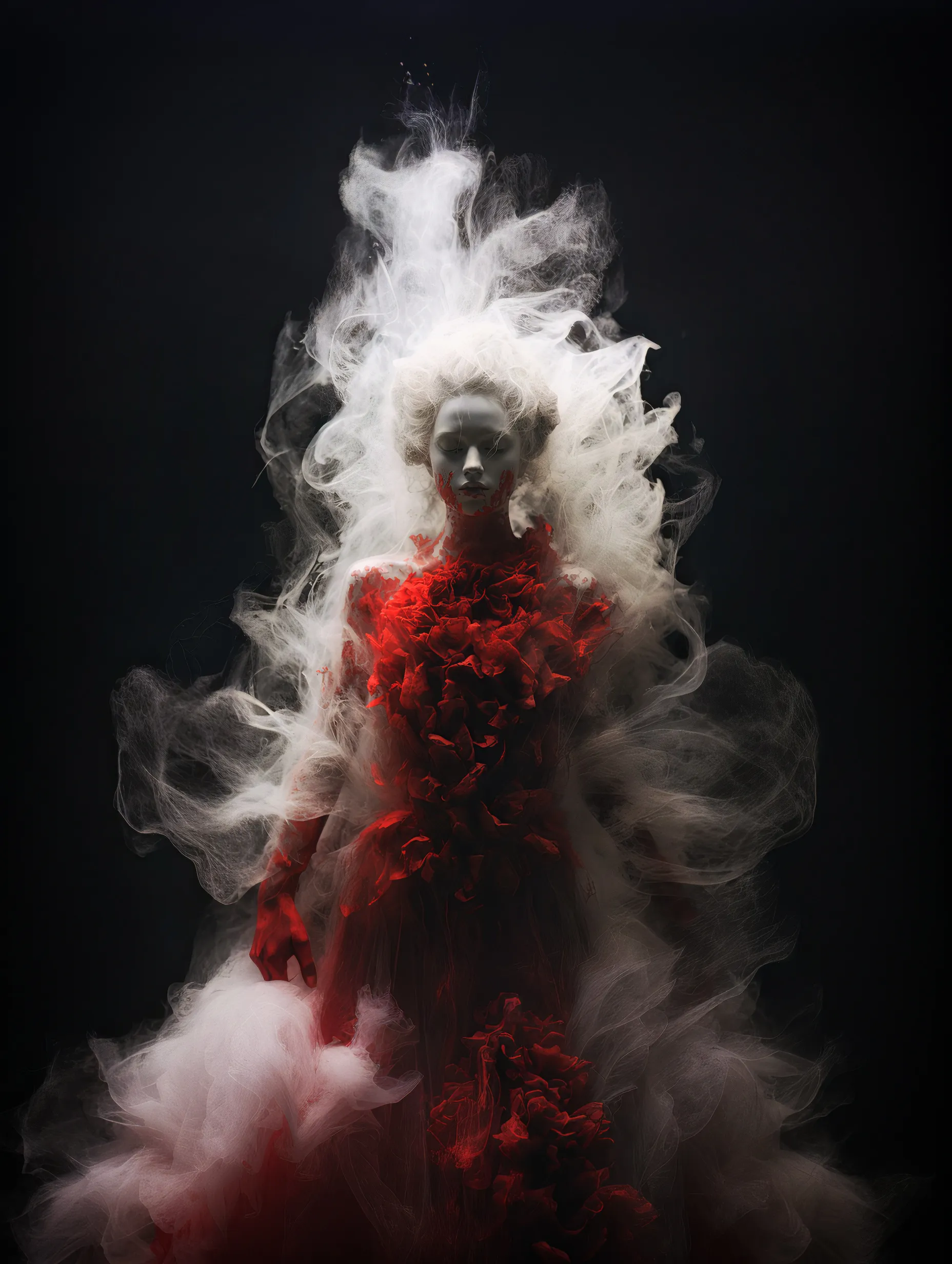 In "Resurrection", I explore the complexities of life, death, and beauty through an image that defies norms and awakens deep emotions.

Emerging from a mysterious mist, a solitary figure appears. Her eyes serenely sealed. She stands in the midst of a deep crimson hue, in a state that seems suspended between life and death.

Her dress, a vivid red, like the blood that flows from her heart, symbolizing both life and death. In the intricate process of change, every aspect of her being comes together with precision and purpose, as if the universe itself is crafting a unique tapestry for each individual. Her core essence becomes the guiding force in this creation, with each experience, emotion, and thought woven into the fabric.

As light from within flows through, the red fabric takes shape, delicate yet profoundly simple. It becomes an extension of herself, a tangible representation of her rebirth.

Every fold and stitch carries a story, every shade and nuance reflects an experience. It symbolizes the new life that awaits, an armor of confidence she'll carry on her journey toward a new beginning. 

With hands stained by the essence of life, she holds an unsolved mystery, her very existence painted with secrets. Enveloped by a swirling veil of mist, she seems to exist in the uncertain space between life and oblivion.
