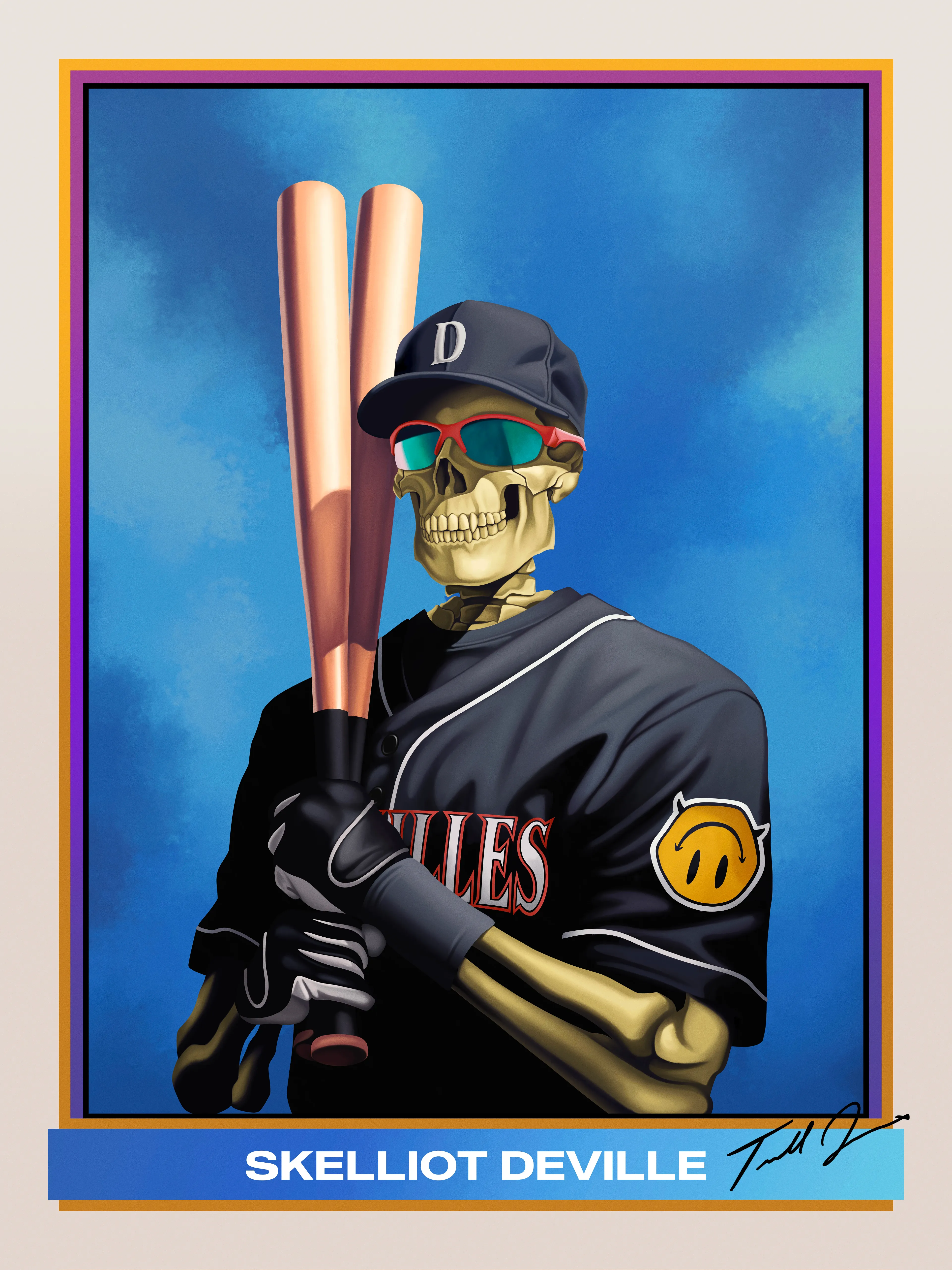 Skelliot “The G.O.A.T” Deville dons a classic baseball card as he holds two bats proudly atop a blue backdrop.