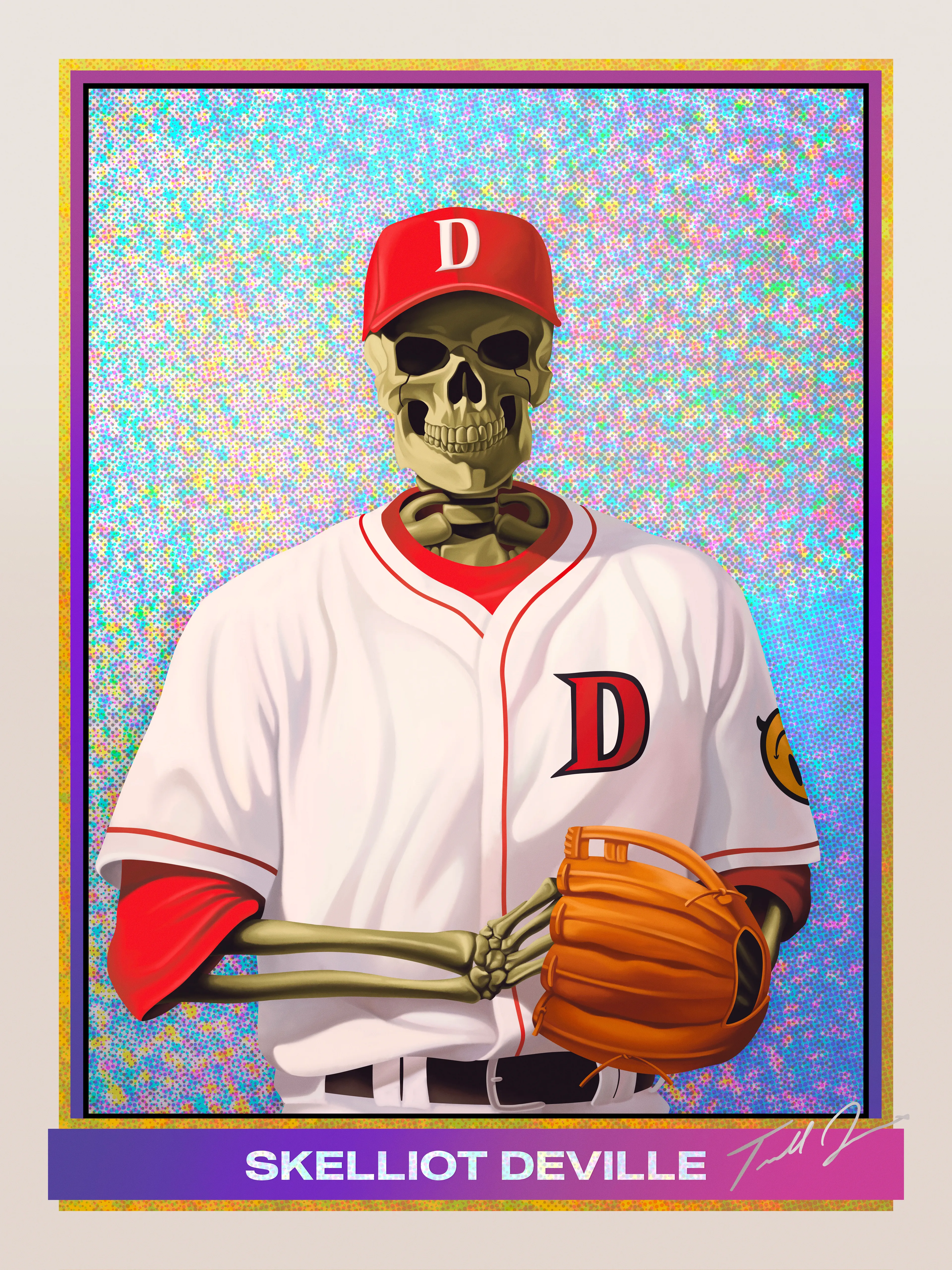 Holographic: Skelliot “The G.O.A.T” Deville dons a classic baseball card as he clutches a mitt atop a holographic backdrop.