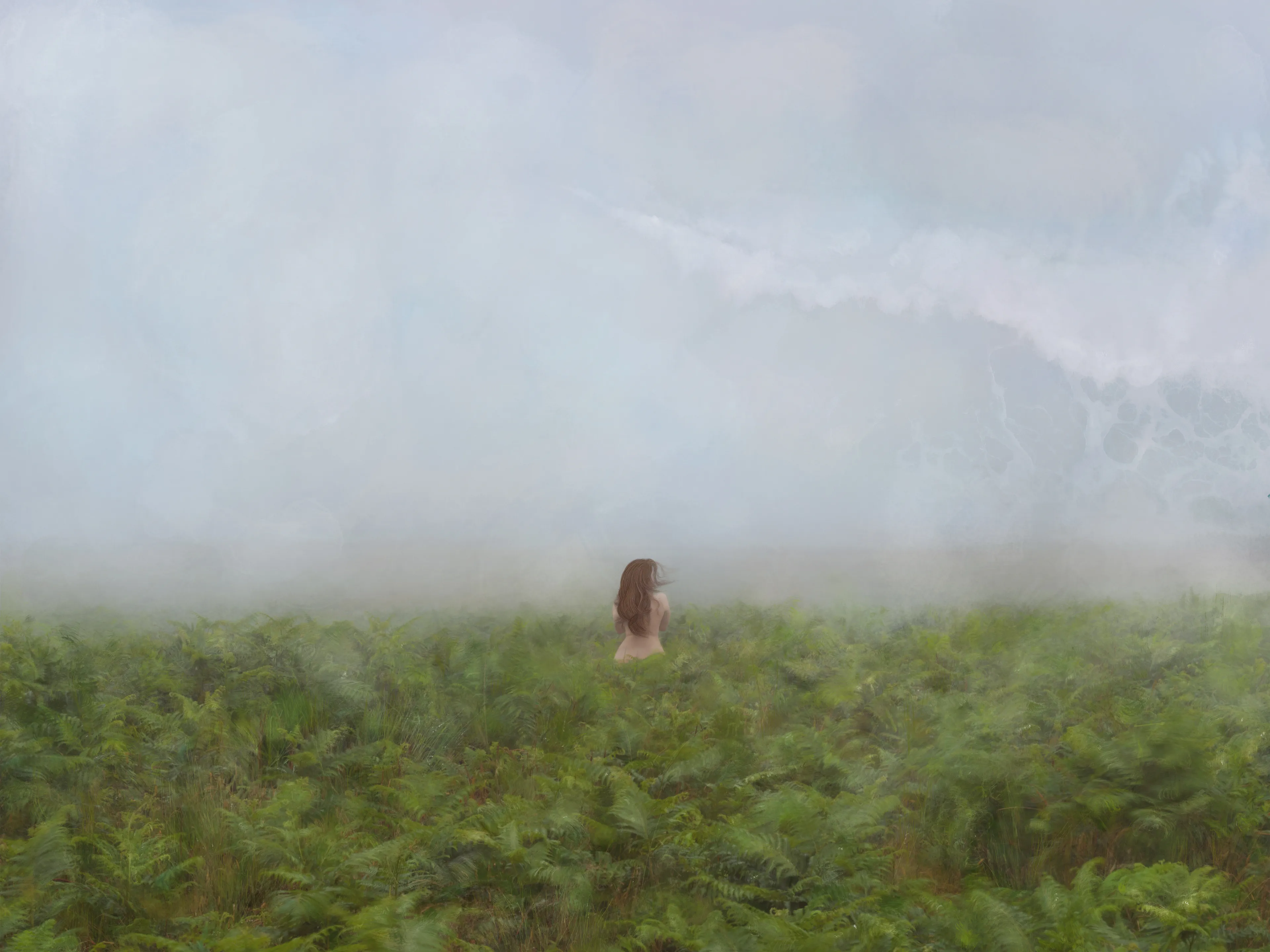 A solitary female stands in a vibrant lush landscape, her expectant gaze fixed on the horizon, symbolizing our collective anticipation of the future. The world she surveys is an intriguing mix of clarity and obscurity, with a sky seamlessly merging the ocean's depth and the cloud's drift; is she waking from a dream?
The pervasive mist serves as a metaphor for an enigmatic yet undeniable future and the only way is forward.