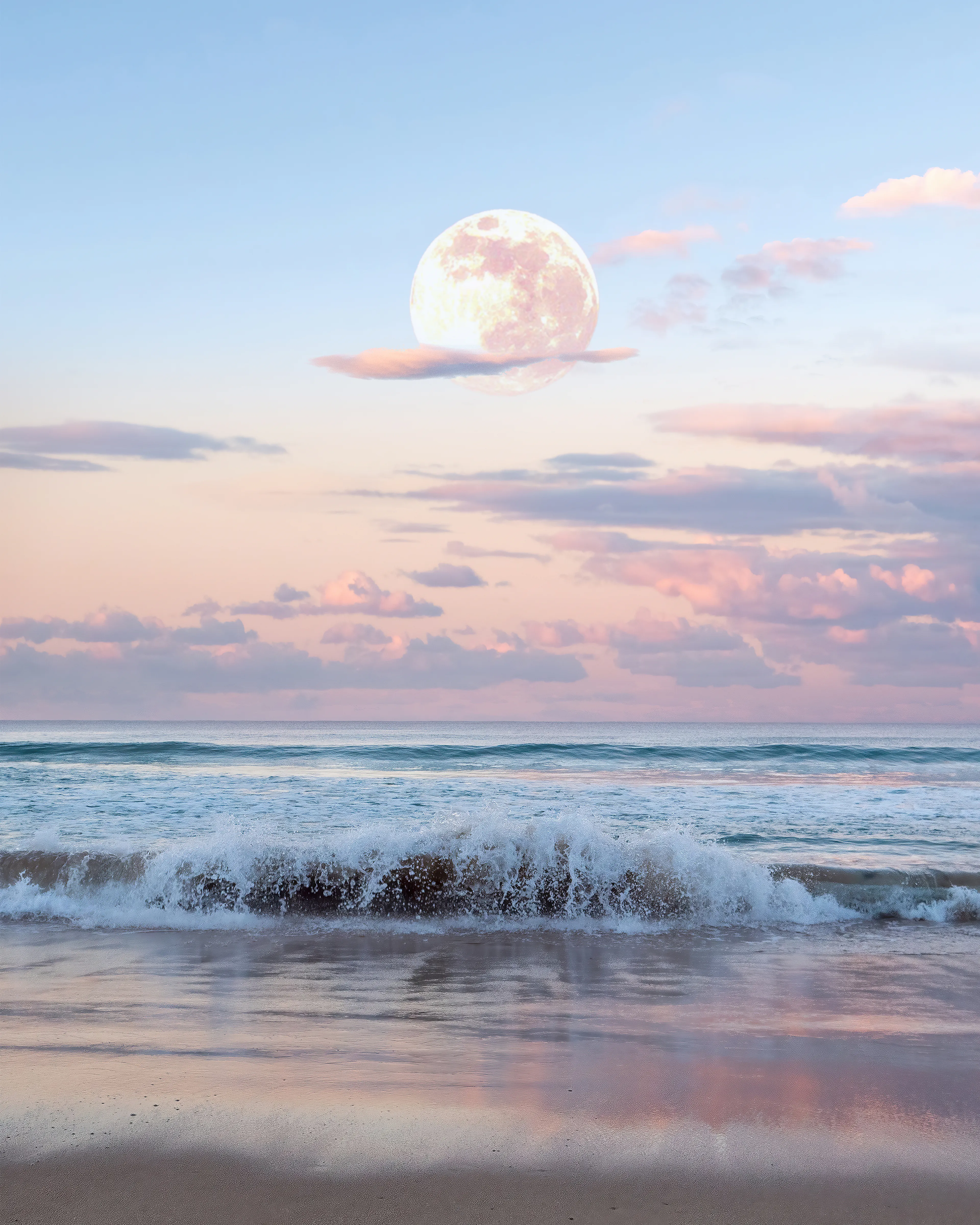This image is the result of patience and persistence. I had wanted to catch a strawberry moon for years and every time it was full and I was organised enough to get to the beach, the sunset was never quite right.  That changed one afternoon in 2017. I finished work at just the right time and made my way down to the beach with my camera, and both a wide lens and a telephoto lens. I was able to capture vibrant colours on the water and waves with the wide lens and took some long shots of the moon, which I later used to create this composite image. Since that day, I haven't witnessed a moonrise as magical.

Title: Strawberry Moon

Edition: 1/1

Artist: David Fairs | New Light Visuals 
https://twitter.com/newlightvisuals