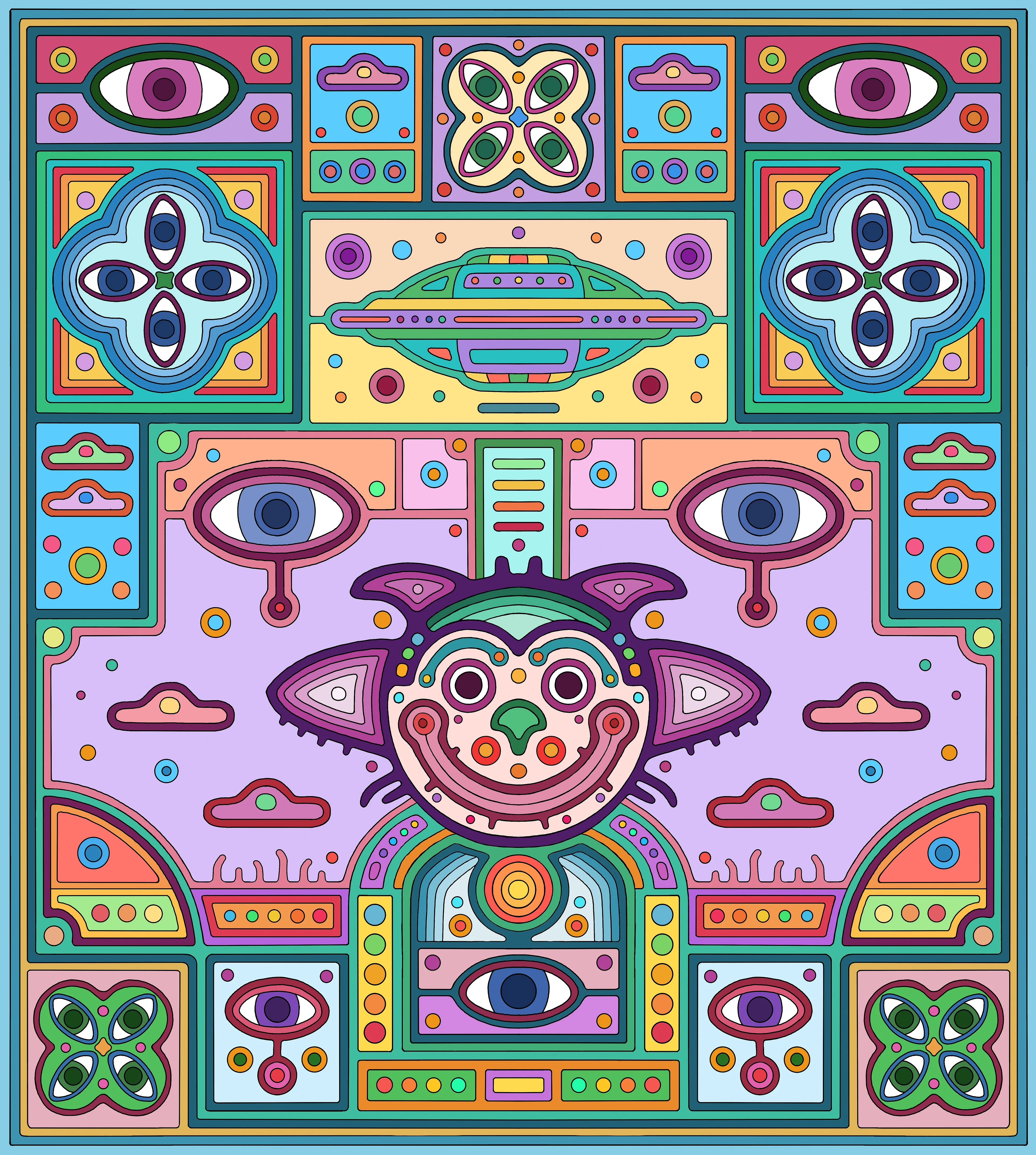 Purr-plex is a particularly quiet elf. He loves to get lost in nature and is often found staring wide eyed with a huge smile across his face at the sight of something he has stumbled across whilst out exploring the wilderness. The beauty and wonder of the natural environment perplexes him, opening his mind as he looks in disbelief at how something could be so overwhelmingly stunning. Nature speaks with him on a deeper level than most, it stops him in his tracks, opening him up and calming his mind. He offers himself to the plants and is capable of absorbing the silence they emit, appreciating their serene & therapeutic healing powers which he then passes on to others.

These ancient psychedelic creatures are expert healers, capable of manipulating reality. They stumbled across our dimension a few millennia ago, bringing wisdom and mischief along with an infinite supply of laughter. They harnessed the magical energies of the invisible realm in order to manifest themselves amongst us. Using complex mystical powers to intricately intertwine and sew their sacred intelligence into the fabric of our lives. They teach through plants and playful metaphors, showing us how to realign with the natural flow of the multiverse.