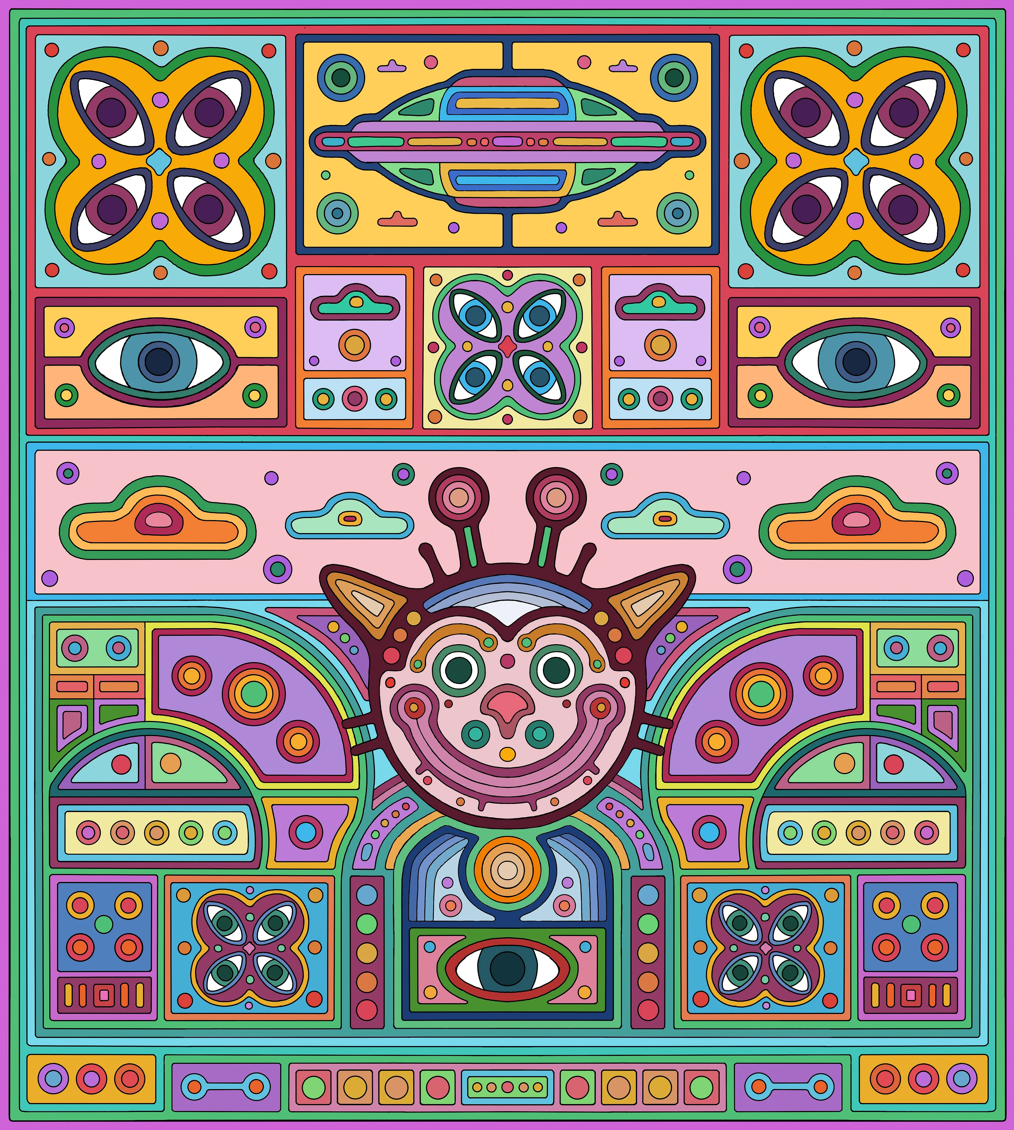 Most of the elves are expert puzzle solvers. Puzz-lur however is on another level entirely when it comes to understanding and solving equations and formulas. He can bring simplicity & order to the most complex of geometries and has been known to predict the future as a result of observing and recognising the visual patterns in front of him. His marvellously mathematical mind has foreseen many unexpected dangers long before they occurred and he is the first to know when the weather is on the change. He can read the environment, sensing when the natural flow is out of sync. Don’t be surprised if you find him saying the words that are about to come out of your mouth as he predicted those too.

The Prism Elves
These ancient psychedelic creatures are expert healers, capable of manipulating reality. They stumbled across our dimension a few millennia ago, bringing wisdom and mischief along with an infinite supply of laughter. They harnessed the magical energies of the invisible realm in order to manifest themselves amongst us. Using complex mystical powers to intricately intertwine and sew their sacred intelligence into the fabric of our lives. They teach through plants and playful metaphors, showing us how to realign with the natural flow of the multiverse.