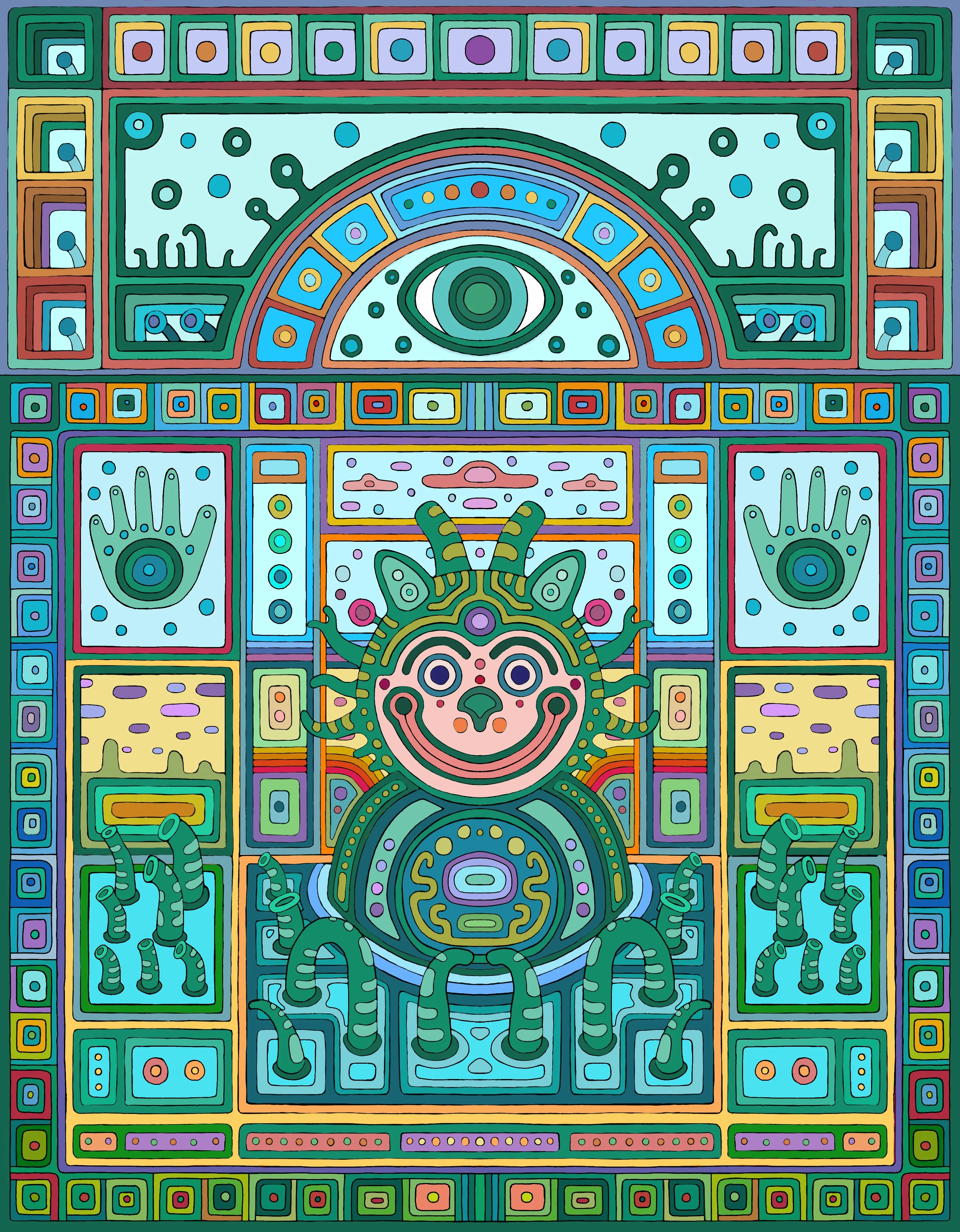 Amphi-byn can be found lurking around in the swamps & streams, looking for elves to tickle with his long tentacles. He is such a mischievous elf. He spends most of his time making strange noises in the water sniffing around for weird plants which he likes to rub on his little green belly. Most of the elves are quite cautious around the swamps as they’ve all been tickled by Amphi-byn at some point and there’s only so much an elf can laugh before it starts talking complete gibberish.

These ancient psychedelic creatures are expert healers, capable of manipulating reality. They stumbled across our dimension a few millennia ago, bringing wisdom and mischief along with an infinite supply of laughter. They harnessed the magical energies of the invisible realm in order to manifest themselves amongst us. Using complex mystical powers to intricately intertwine and sew their sacred intelligence into the fabric of our lives. They teach through plants and playful metaphors, showing us how to realign with the natural flow of the multiverse.