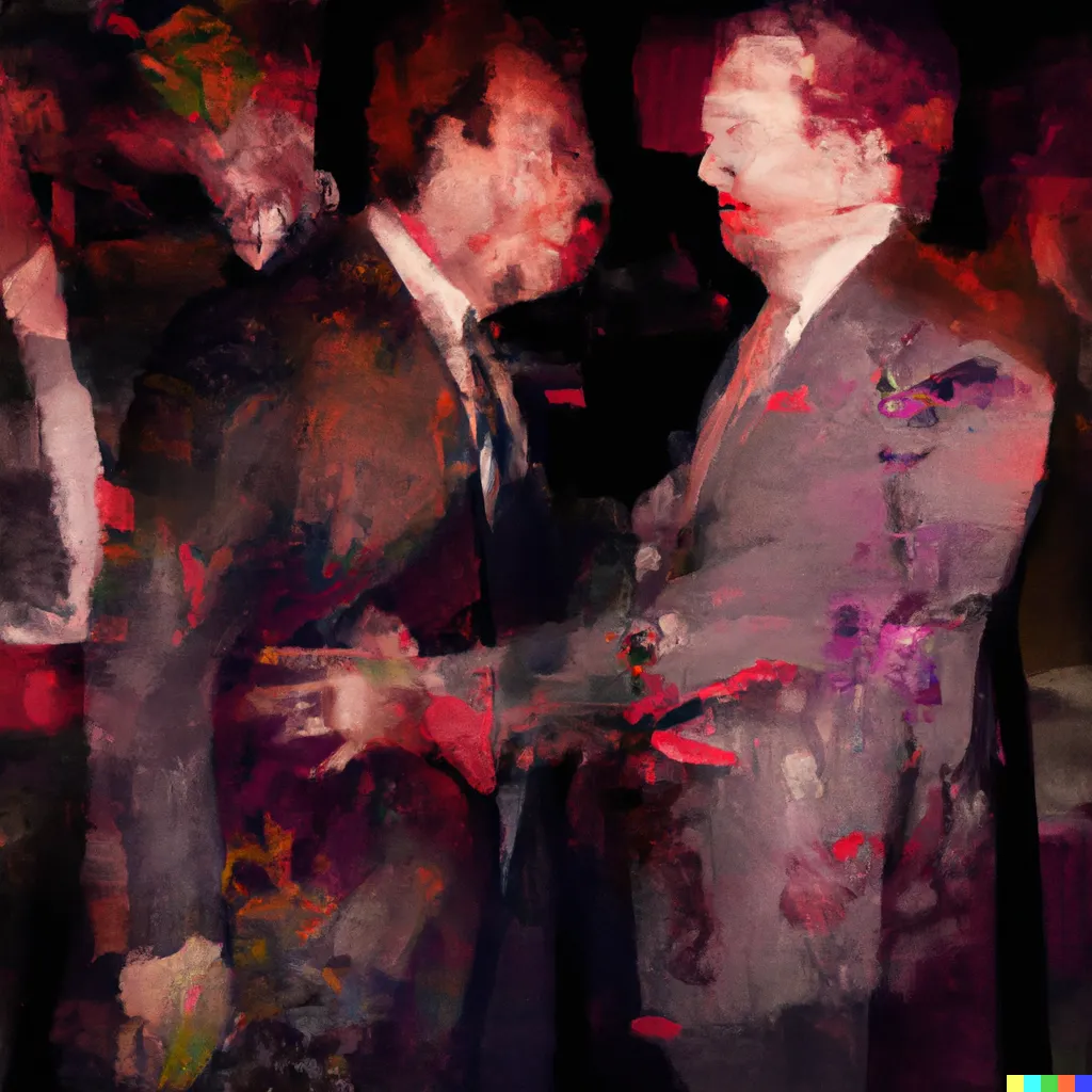 Norman Harman X DALL-E 2 

Business Deal 7

This image was originally generated by the artist in 2022 using the now-deprecated DALL·E 2 model and downloaded from labs.openai.com.

The work reflects DALL·E 2’s distinct visual signature — a synthesis of surreal logic and painterly ambiguity. Figures emerge in soft focus, with forms that blur the line between object and hallucination. These compositional characteristics are unique to the model’s latent structure and cannot be authentically recreated using current systems.

Minted by the original creator as an ERC-721 token via Manifold, the work is preserved on-chain through tokenized metadata and decentralized media storage.