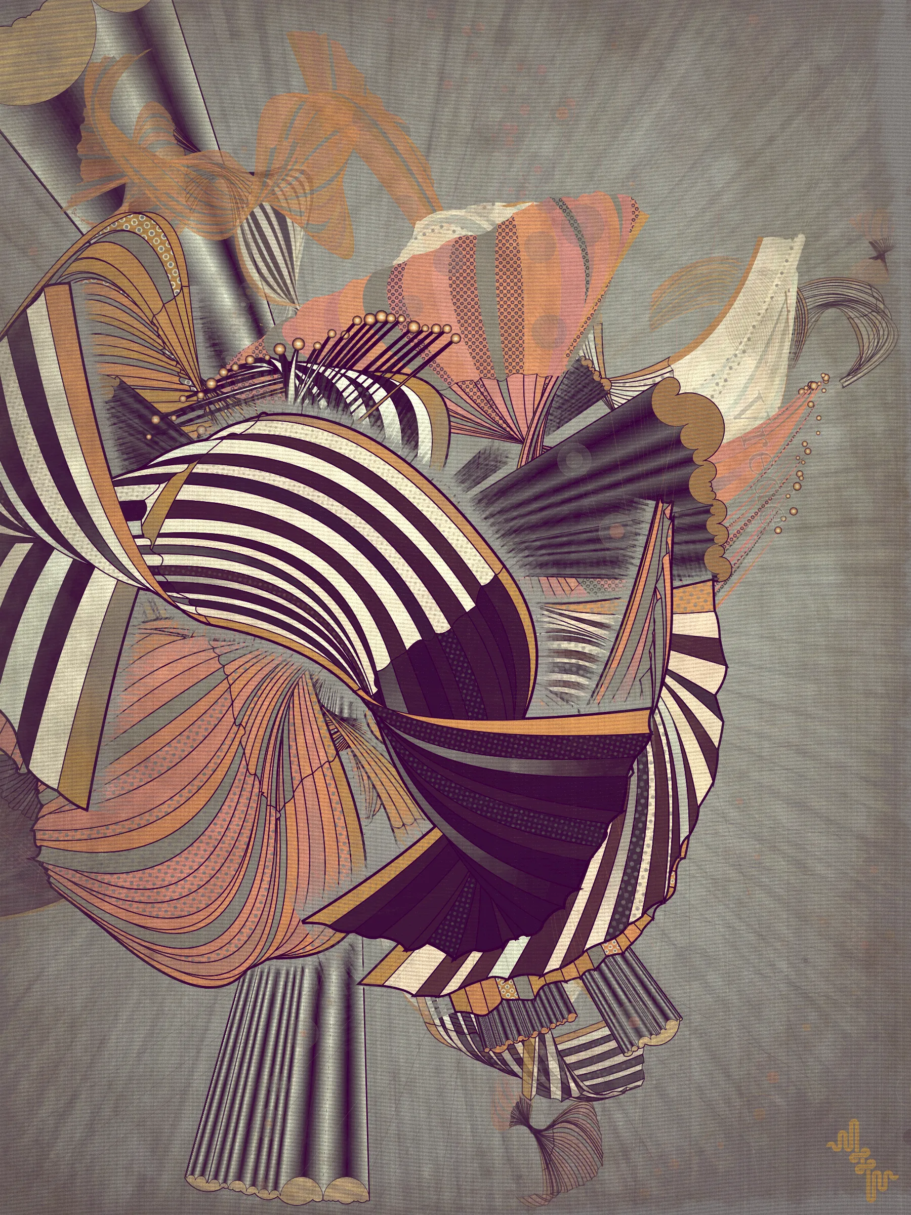 Velum: Latin for curtain.

Inspired by the question: What do you get if you blend the visual DNA of two mid 20th Century artistic movements into a 21st Century generative art algorithm?

The original ideas evolved by Abstract expressionism and Pop art tell very different stories in the history of post war American art. My approach however is more about just stealing from the visual lexicon of mark-making that characterizes these artistic movements ignoring much of the contextual conversations around them . When I started out building my first primitive for Velum I was picturing in my mind something that looked more like a gestural paint-stroke typical of abstract expressionistic painting. Adding Pop art stylized outlines to the structures however separated them from the background and gave them a floating quality. Liking this effect I quickly forgot about my first idea of making paint strokes to explore the emerging curtain-like elements and found ways to make them dance.
