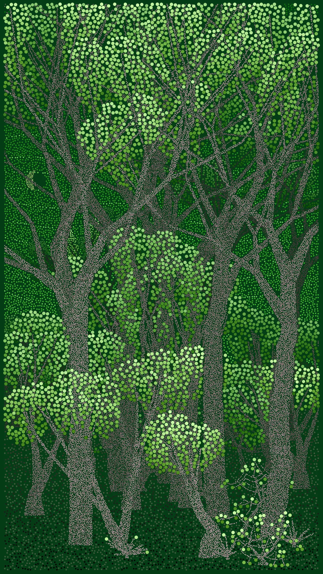 # NFT ART CDMX

## Something beautiful
Bosque de Chapultepec is all about how computers can be used as a form of expression. It explores how a generative art algorithm can be used to make something beautiful that is unique to a particular place and time. Bosque de Chapultepec debuted at NFT ART CDMX in 2022, a four day celebration of generative art in Mexico City.
## Central Park of Mexico
Chapultepec is a park in the middle of Mexico City that is known all over the world for its green space. It is a historic place dating back to the Toltec culture in 1000 CE and has also been the site of many battles. Artists have been drawn to the park for a long time. My grandfather, for example, painted the scenery there. Even now, the park is a tropical escape for city dwellers who walk the park's many winding paths surrounded by old trees.
## Chochitos
The look of the project was based on the Garibaldi from El Globo, a famous bakery in the Mexican Republic. Garibaldi pastries are pound cakes dipped in apricot jam and coated with little round sprinkles called "chochitos". A visit to CDMX is not complete without tasting one of these delicious pastries.
## Behind the code:
The algorithm is made up of a system that uses a mix of circle-packing and quadtrees to fill areas of closed shapes with dots of different sizes and colors (like the chochitos). The underlying form of the composition is generated algorithmically using shapes constructed on the fly using points and lines. The shapes are lined up in a queue and then swept for possible areas where dots can be deposited so long as the dots do not overlap.  
# An SVG is available! 
The SVG is a fully scalable resolution agnostic version of the image. To access the SVG - View the output in **Live View**. When the output has *completed rendering*, press the "p" key and the SVG will automatically download. * Note rendering time may take up to 5 minutes.