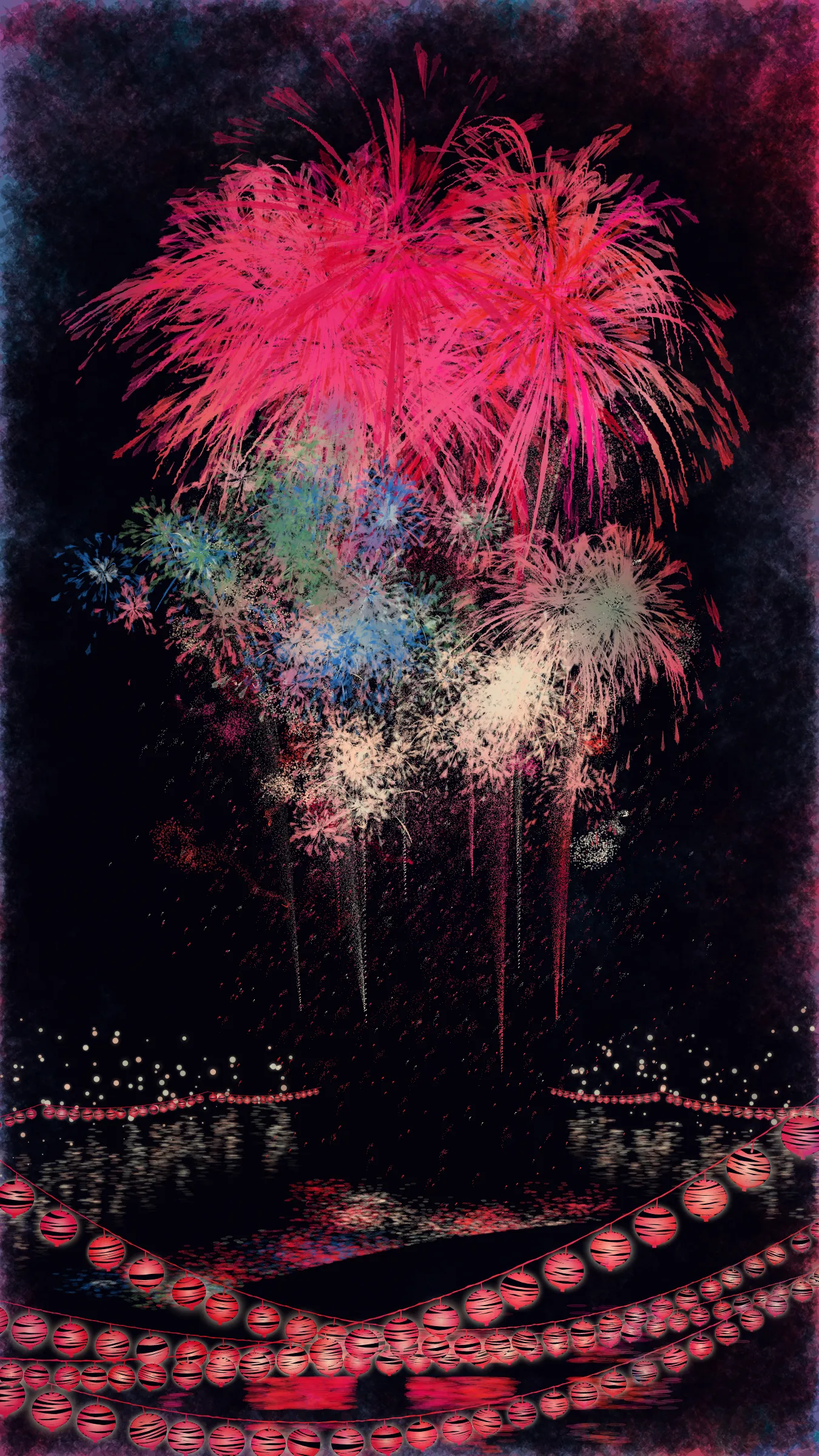 The theme of this work is fireworks and festivals, which symbolizes summer in Japan.

With fireworks as the central theme, it consists of the water surface reflecting the fireworks, the city lights in the distance, the silhouettes of the torii gates and arch bridge, and the twinkling lanterns. The shady black background expresses the smoky atmosphere.

The drawing algorithm of the work is inspired by traditional woodblock prints and contemporary scratch art. Base layer is drawn with pale watercolor-like gradation. On top of that, the shady black background is drawn. Then, the outline of the fireworks is carved out.

The color of fireworks is based on a chemical reaction called a flame reaction. The color palette of this work is also composed of typical flame reaction colors or their mixtures. Each color palette is inspired by the four seasons in Japan.

Enjoy the atmosphere of Japanese firework festivals with this work.