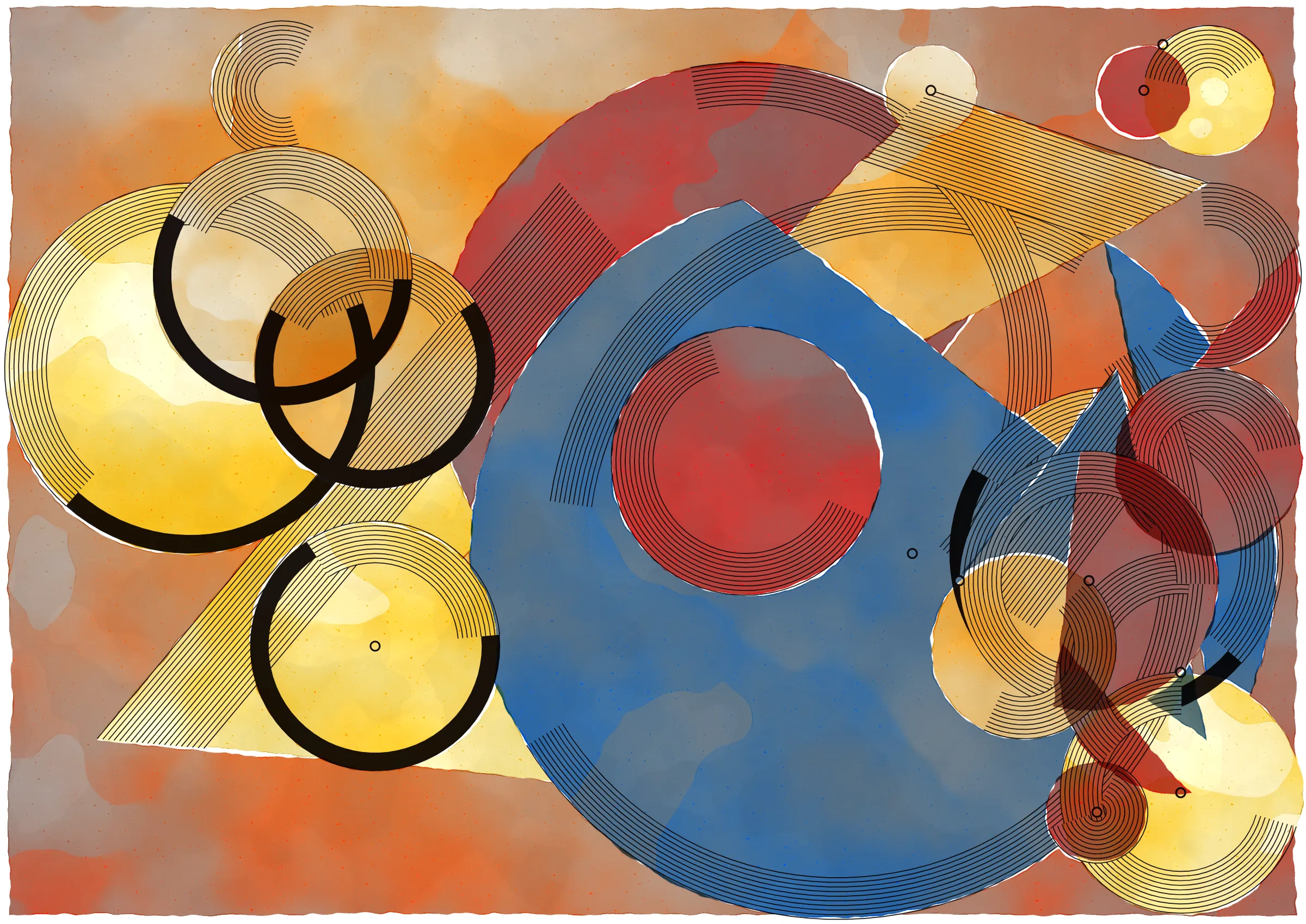 *Inprecision* is exploring the tension between the precision offered by computers and the imperfections inherent in classic art production approaches. The generative system is based on circles and triangles, perfectly aligned with each other and placed on a grid, but rendered with a technique inspired by the look of water color giving a high degree of imperfection in the rendered output. The precision of the underlying system is then again accentuated by a layer of hyper precise line drawings, outlining the used geometries and providing a scaffold for the underlying colors.

*Inprecision* further builds upon my quest to explore emergent compositions in generative systems. The system started with completely random placements of the different geometries, and gradually evolved by putting in the most minimal constraints to ensure an engaging final composition. In that way, *Inprecision* is an exercise in light-touch control with the aim to explore surprising compositions arising from randomness.

This series takes inspiration from both the color and line work of Wassily Kandinsky and the theories in the Suprematism movement. It asks the viewer to meditate on the texture of the paint and paper through its embrace of simple geometry and compositions devoid of literal interpretation.