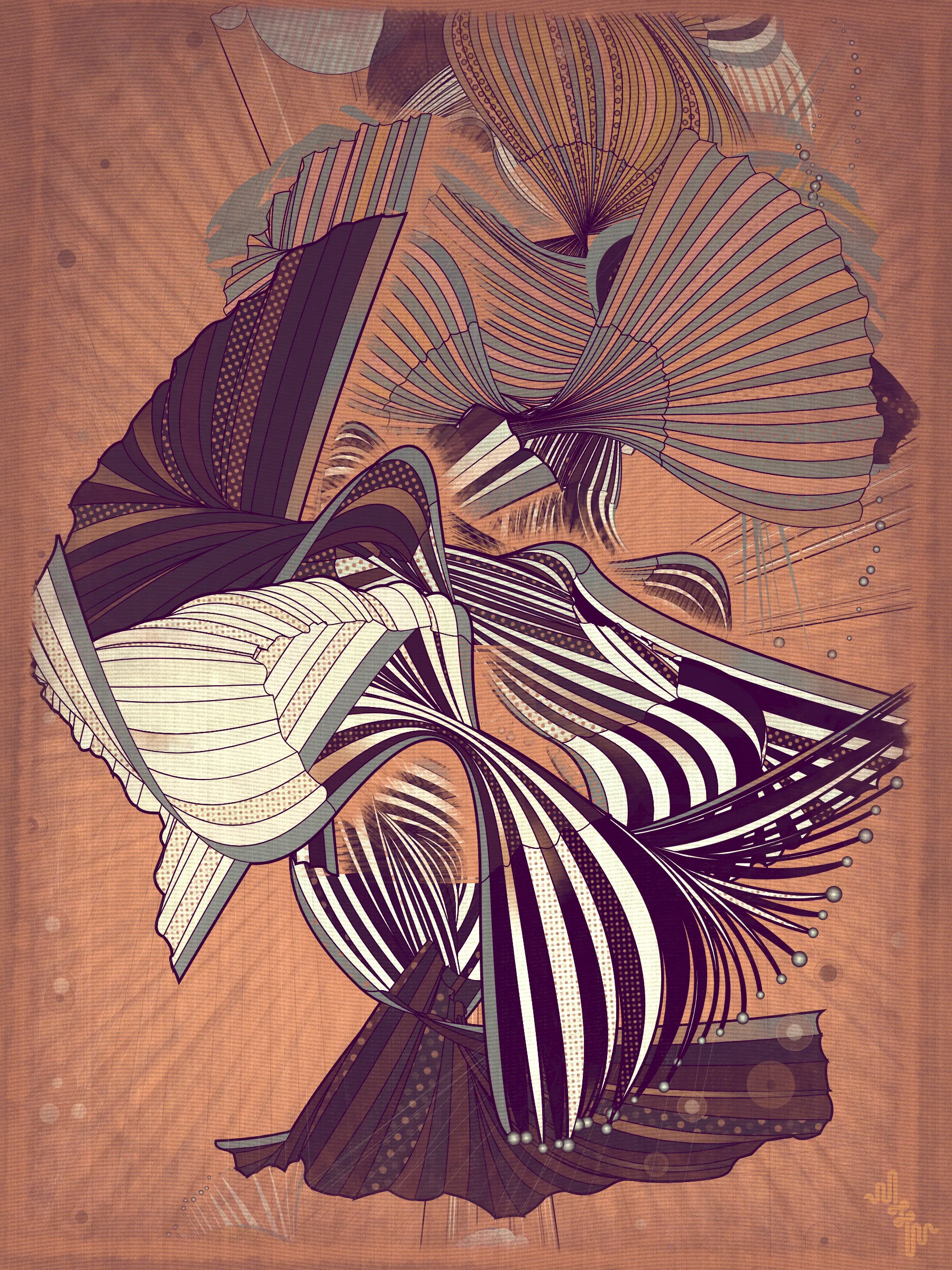 Velum: Latin for curtain.

Inspired by the question: What do you get if you blend the visual DNA of two mid 20th Century artistic movements into a 21st Century generative art algorithm?

The original ideas evolved by Abstract expressionism and Pop art tell very different stories in the history of post war American art. My approach however is more about just stealing from the visual lexicon of mark-making that characterizes these artistic movements ignoring much of the contextual conversations around them . When I started out building my first primitive for Velum I was picturing in my mind something that looked more like a gestural paint-stroke typical of abstract expressionistic painting. Adding Pop art stylized outlines to the structures however separated them from the background and gave them a floating quality. Liking this effect I quickly forgot about my first idea of making paint strokes to explore the emerging curtain-like elements and found ways to make them dance.