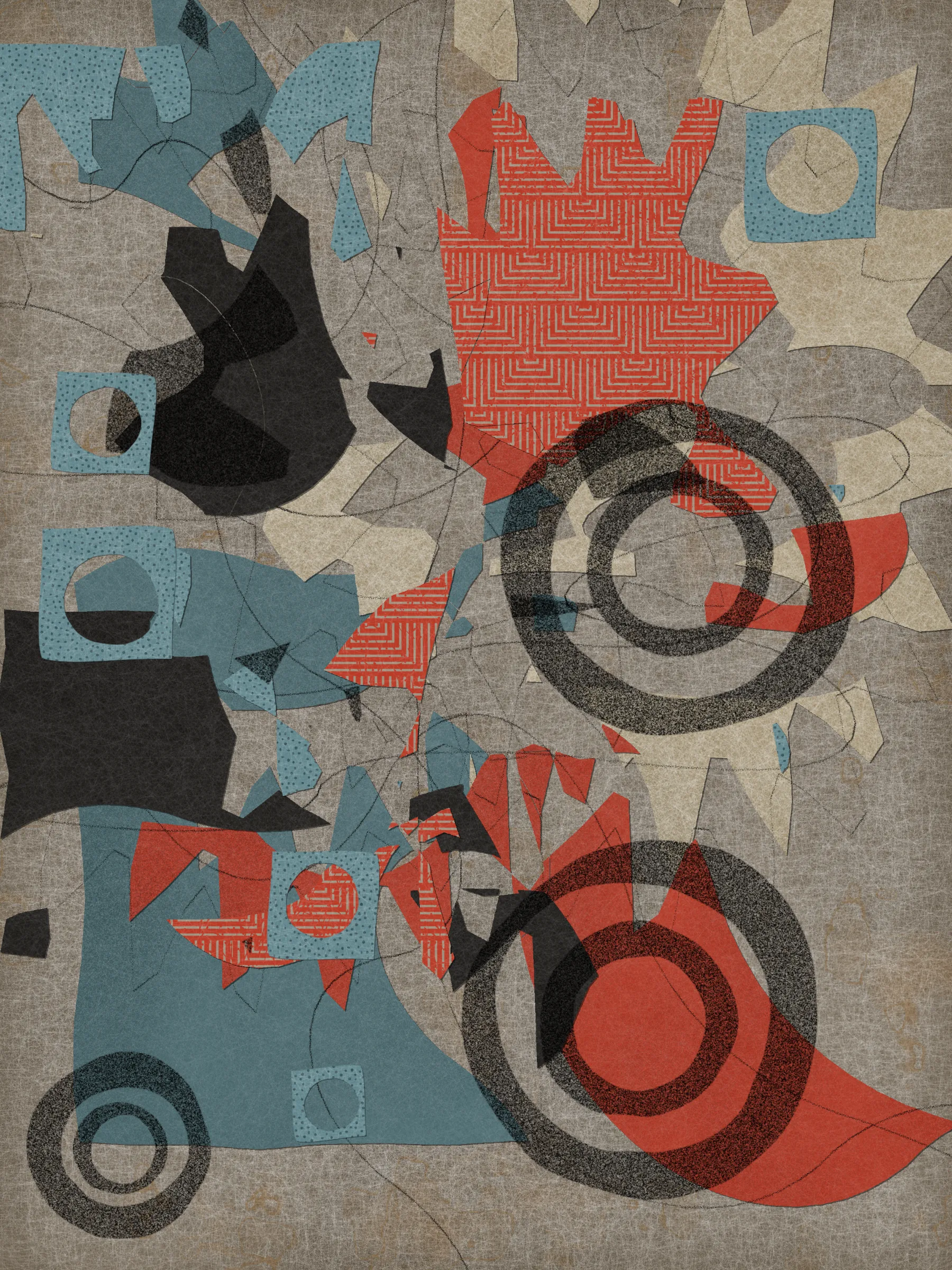 *Off Script* is a generative system that explores sensoriality through the subject of collage. At its core, the series uses a custom masking algorithm to cut out shapes from algorithmically produced papers, which are then arranged throughout the canvas. It is programmed in Javascript.

Much like the practice of collage itself, *Off Script* elicits a deeply sensorial experience. Generative textures induce a sense of tactility, while askew jagged shapes evoke the punctuated off-beat sounds of jazz. With its synesthetic qualities, the series challenges its own medium, creating a dialogue between the immateriality of digital representation and the corporality of the physical realm. 

*Off Script*'s visual language references various 20th century modern art movements that similarly emphasized medium and material through distilled expressions of shape, color, and composition.