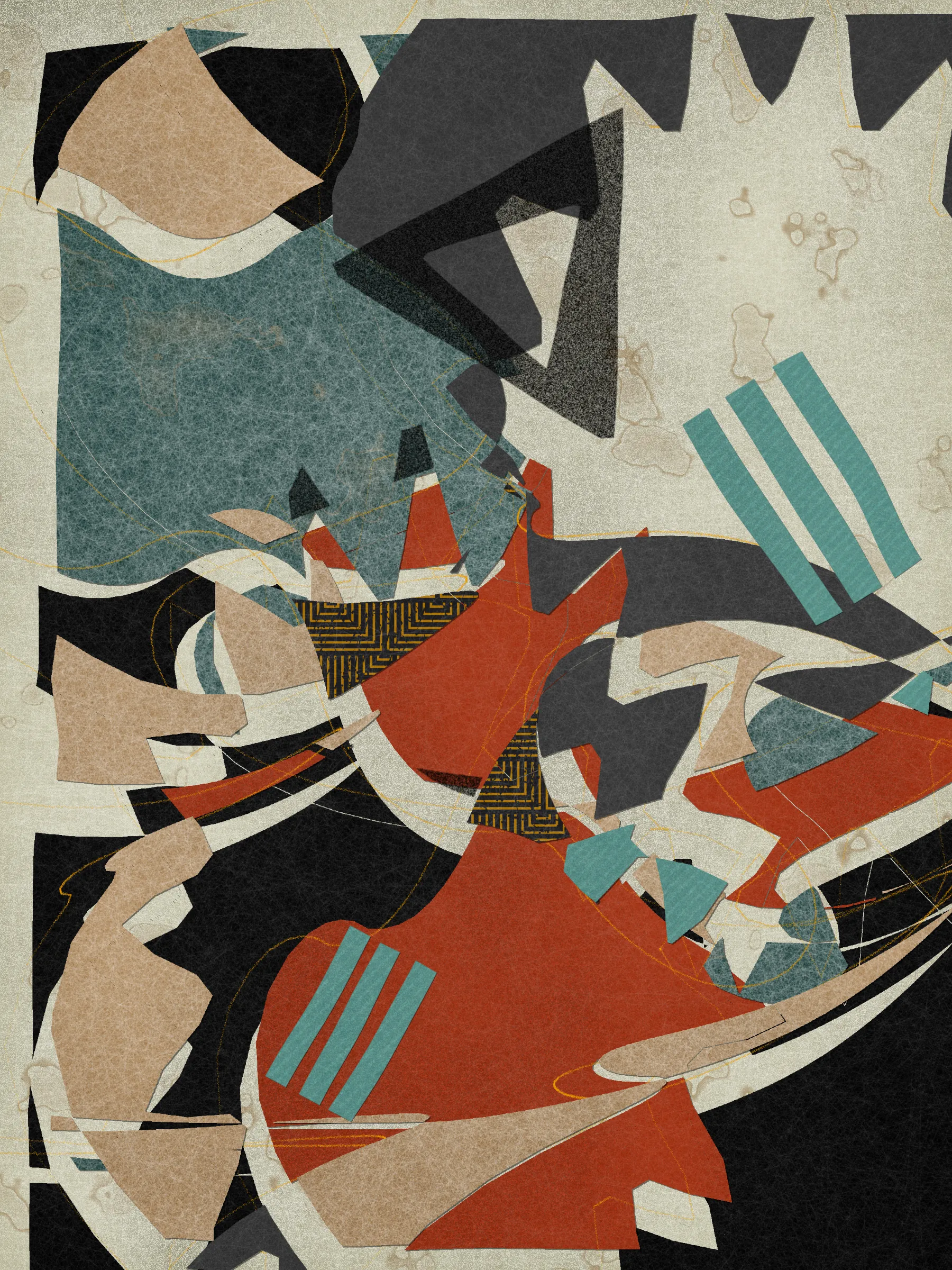 *Off Script* is a generative system that explores sensoriality through the subject of collage. At its core, the series uses a custom masking algorithm to cut out shapes from algorithmically produced papers, which are then arranged throughout the canvas. It is programmed in Javascript.

Much like the practice of collage itself, *Off Script* elicits a deeply sensorial experience. Generative textures induce a sense of tactility, while askew jagged shapes evoke the punctuated off-beat sounds of jazz. With its synesthetic qualities, the series challenges its own medium, creating a dialogue between the immateriality of digital representation and the corporality of the physical realm. 

*Off Script*'s visual language references various 20th century modern art movements that similarly emphasized medium and material through distilled expressions of shape, color, and composition.