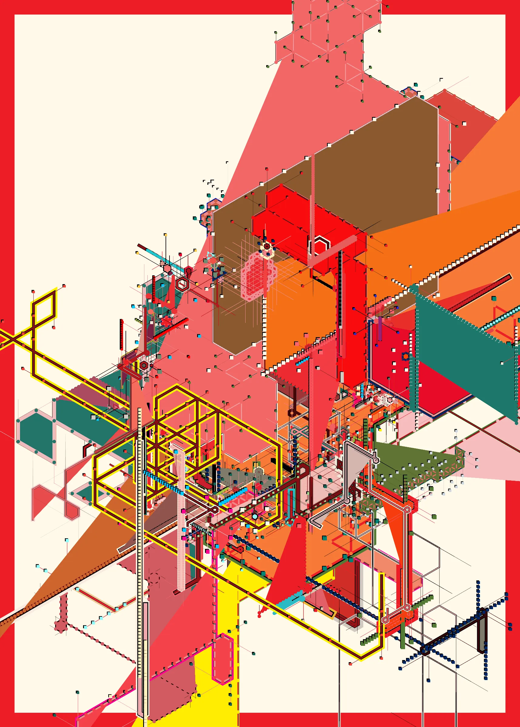 "Caminos" es la relación del trabajo de artista con el uso de colores y geometría a través de los los patrones, situaciones, personas y objetos en los mercados, las calles, los edificios, los colores y demás elementos que consituyen la ciudad. Esta obra es un tributo a esa cultura, similar a una ciudad que se va creando mediante capas, dando como resultado un caos formado a partir del color, de diversas geometrías y más elementos que van cambiando a través del tiempo.

La composicición final de este proyecto es conformada por 5 capas que van creandose con el paso de los segundos dentro de la obra. Con las teclas 1 - 5 puedes interactuar con cada capa que va generando la composición final dando la posibilidad al usuario de tener 5 piezas dentro de una obra, pero sobre todo generar una experiencia que le permita tomarse el tiempo necesario para explorar, encontrar, disfrutar distintos patrones y elementos dentro de cada capa y dentro de la composición final. Asi como explorar la ciudad, sus distintos espacios, situaciones y cambios con el paso de los años.