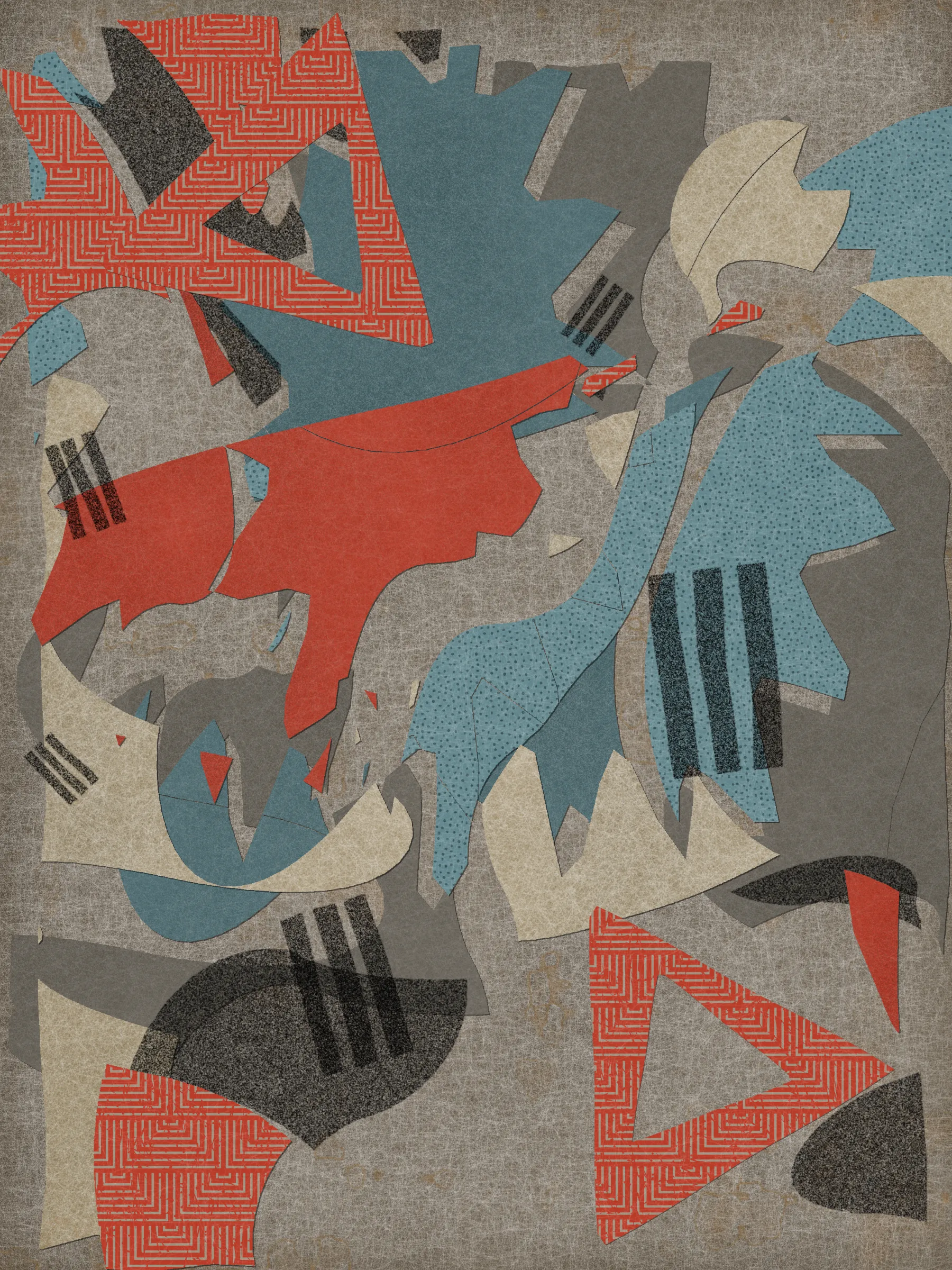 *Off Script* is a generative system that explores sensoriality through the subject of collage. At its core, the series uses a custom masking algorithm to cut out shapes from algorithmically produced papers, which are then arranged throughout the canvas. It is programmed in Javascript.

Much like the practice of collage itself, *Off Script* elicits a deeply sensorial experience. Generative textures induce a sense of tactility, while askew jagged shapes evoke the punctuated off-beat sounds of jazz. With its synesthetic qualities, the series challenges its own medium, creating a dialogue between the immateriality of digital representation and the corporality of the physical realm. 

*Off Script*'s visual language references various 20th century modern art movements that similarly emphasized medium and material through distilled expressions of shape, color, and composition.