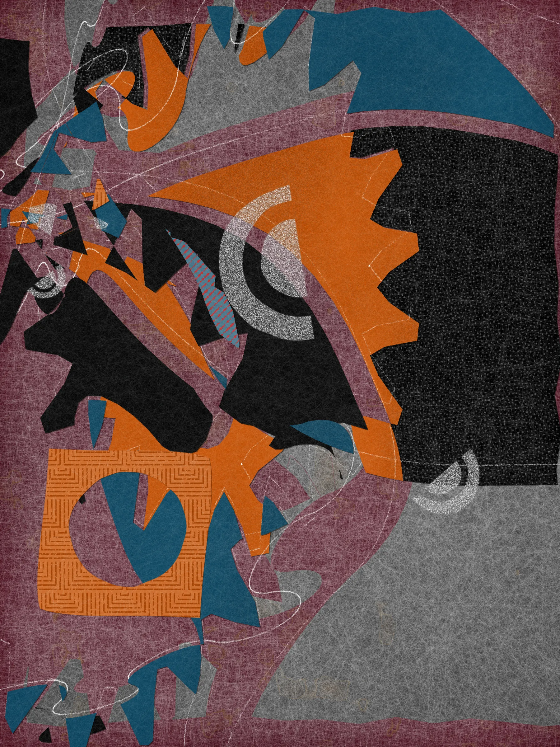 *Off Script* is a generative system that explores sensoriality through the subject of collage. At its core, the series uses a custom masking algorithm to cut out shapes from algorithmically produced papers, which are then arranged throughout the canvas. It is programmed in Javascript.

Much like the practice of collage itself, *Off Script* elicits a deeply sensorial experience. Generative textures induce a sense of tactility, while askew jagged shapes evoke the punctuated off-beat sounds of jazz. With its synesthetic qualities, the series challenges its own medium, creating a dialogue between the immateriality of digital representation and the corporality of the physical realm. 

*Off Script*'s visual language references various 20th century modern art movements that similarly emphasized medium and material through distilled expressions of shape, color, and composition.