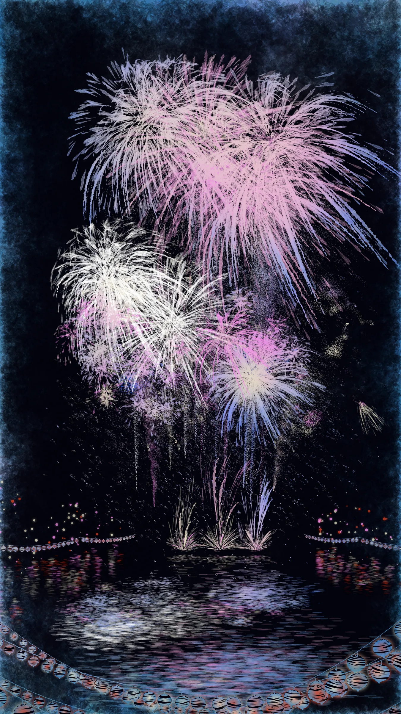 The theme of this work is fireworks and festivals, which symbolizes summer in Japan.

With fireworks as the central theme, it consists of the water surface reflecting the fireworks, the city lights in the distance, the silhouettes of the torii gates and arch bridge, and the twinkling lanterns. The shady black background expresses the smoky atmosphere.

The drawing algorithm of the work is inspired by traditional woodblock prints and contemporary scratch art. Base layer is drawn with pale watercolor-like gradation. On top of that, the shady black background is drawn. Then, the outline of the fireworks is carved out.

The color of fireworks is based on a chemical reaction called a flame reaction. The color palette of this work is also composed of typical flame reaction colors or their mixtures. Each color palette is inspired by the four seasons in Japan.

Enjoy the atmosphere of Japanese firework festivals with this work.