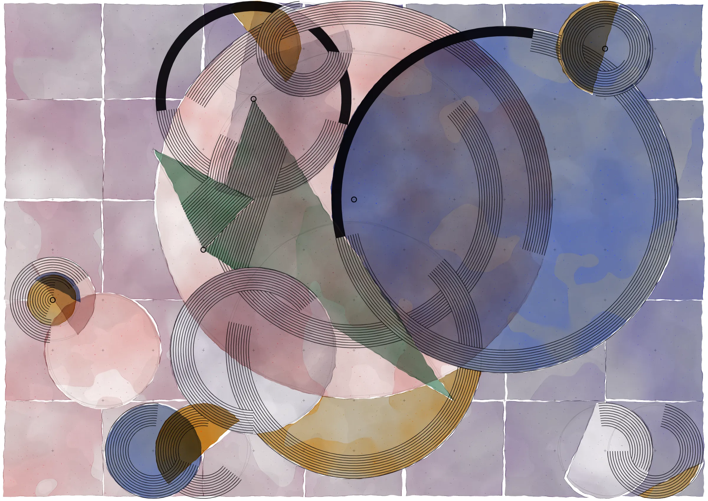 *Inprecision* is exploring the tension between the precision offered by computers and the imperfections inherent in classic art production approaches. The generative system is based on circles and triangles, perfectly aligned with each other and placed on a grid, but rendered with a technique inspired by the look of water color giving a high degree of imperfection in the rendered output. The precision of the underlying system is then again accentuated by a layer of hyper precise line drawings, outlining the used geometries and providing a scaffold for the underlying colors.

*Inprecision* further builds upon my quest to explore emergent compositions in generative systems. The system started with completely random placements of the different geometries, and gradually evolved by putting in the most minimal constraints to ensure an engaging final composition. In that way, *Inprecision* is an exercise in light-touch control with the aim to explore surprising compositions arising from randomness.

This series takes inspiration from both the color and line work of Wassily Kandinsky and the theories in the Suprematism movement. It asks the viewer to meditate on the texture of the paint and paper through its embrace of simple geometry and compositions devoid of literal interpretation.