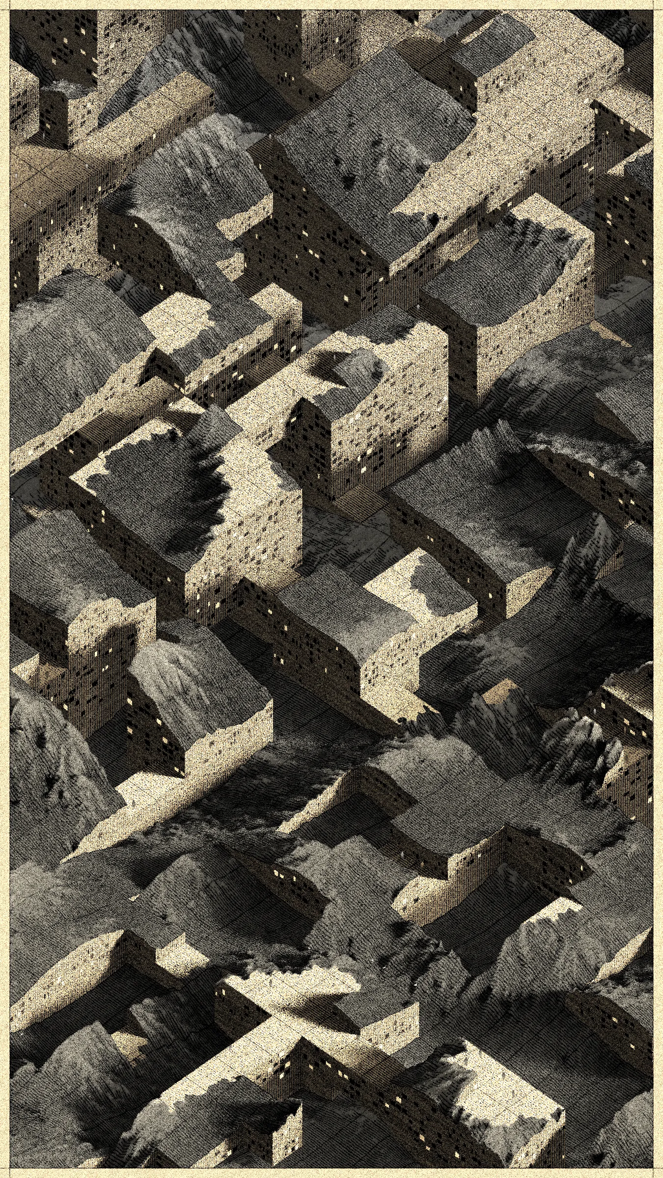 In aerial photos from 1945, you can see dozens of buildings crammed around the main street of Gallarta - a town 13 km northwest of Bilbao. The street leads to a small open pit where they extract iron. Images from 1956 and 1965 show how the road becomes shorter, and houses once surrounded by fields are now on the pit's edge. Some of them disappeared to facilitate access to the ore. The mine grew, consuming mountains, meadows, and settlements.

Gallarta disappeared in 1977, replaced by a chasm extending across the area until today. The open pit extraction in the mine stopped being profitable only six years later. The scar it left on the surface of the mountainous area is a monument to the disappearance of this and numerous other towns with similar stories.

Cantera is a project that brings these stories to a non-physical, generative space. It replaces atoms of stone and soil with digital bits. It draws landscapes inspired by the imagery of Basque stone quarries and iron mines and writes narratives about non-existent habitats where the boundaries between extraction, shelter, and natural forms become indistinct.