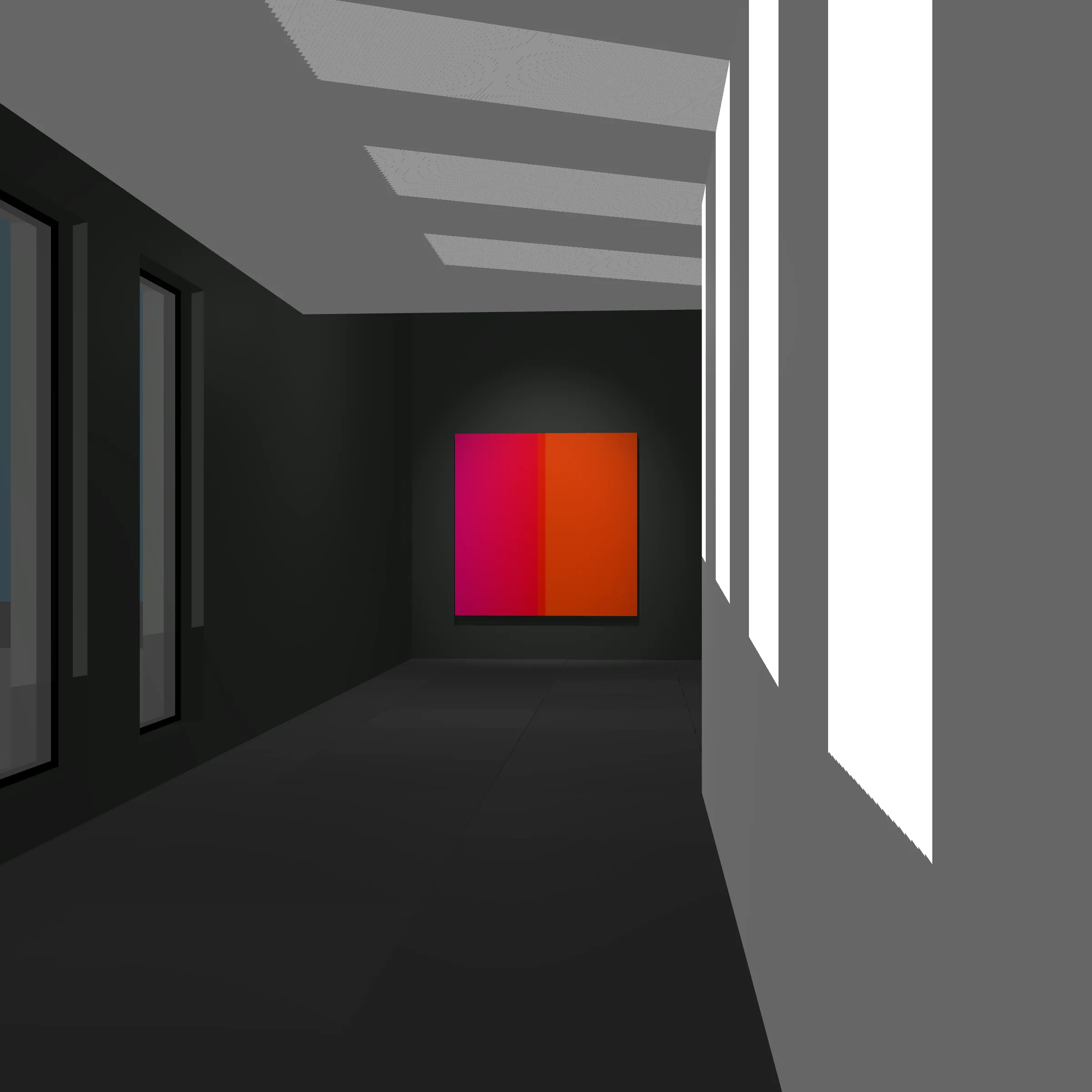 100 Untitled Spaces is an exploration of color and space juxtaposing a simple artwork within a minimalist architectural setting. 
 
Both Art and Architecture together can be powerful. By engaging with both one can develop a  meditative space where nearly infinite “moments” can be revealed as one moves around the virtual room. Further enhanced by shadows, this work is in part a reflection of time spent watching shadows cast across artwork on my  walls.
 
Drawing inspiration from Johannes Itten, Robert Irwin, and Luis Barragán, I worked with my Architect wife Mara to capture various moments inside of an algorithmically generated space. The result is an algorithm inside an algorithm, both generating the central artwork that represents my love and respect for color and the surrounding space as well as an optimal setting to experience that artwork. 
 
In each of these 100 spaces, the viewer is presented with a generated composition to experience a simple canvas inside of a minimalist space. Each is unique, yet informed by the rest of the set. 
 
The opportunity to collaborate with Mara has provided aesthetic boundaries for these spaces as I parametrized the configuration of a simple adobe style room with various options for stair types, penetrations, flooring, camera position, and shadows. Everything from the tile on the floor, the Marfa and Mexico City inspired architecture, to the colors and minimalistic environment represents who I am, and the spaces that Mara and I have created in our imaginations, as well as in real life.