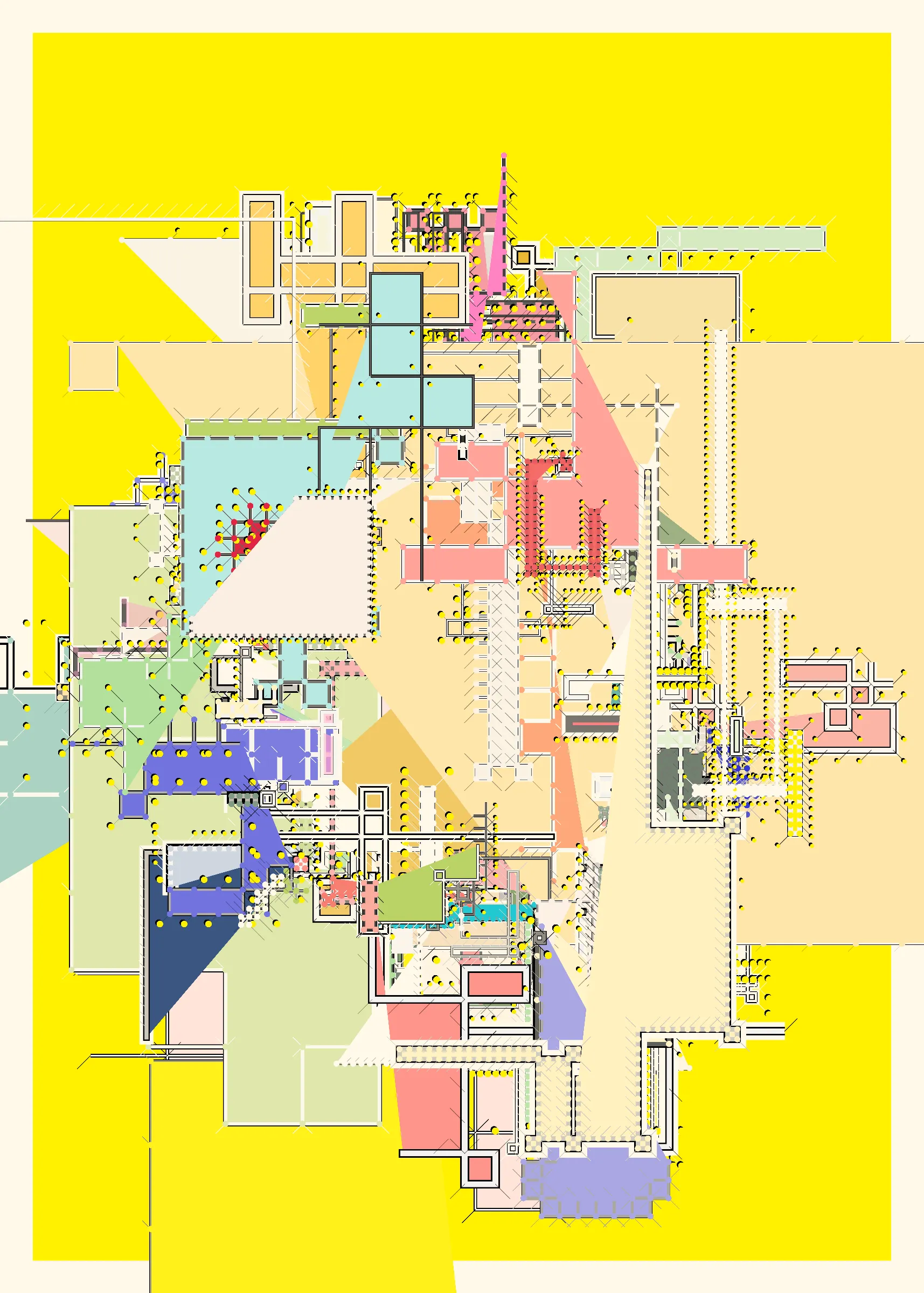 "Caminos" es la relación del trabajo de artista con el uso de colores y geometría a través de los los patrones, situaciones, personas y objetos en los mercados, las calles, los edificios, los colores y demás elementos que consituyen la ciudad. Esta obra es un tributo a esa cultura, similar a una ciudad que se va creando mediante capas, dando como resultado un caos formado a partir del color, de diversas geometrías y más elementos que van cambiando a través del tiempo.

La composicición final de este proyecto es conformada por 5 capas que van creandose con el paso de los segundos dentro de la obra. Con las teclas 1 - 5 puedes interactuar con cada capa que va generando la composición final dando la posibilidad al usuario de tener 5 piezas dentro de una obra, pero sobre todo generar una experiencia que le permita tomarse el tiempo necesario para explorar, encontrar, disfrutar distintos patrones y elementos dentro de cada capa y dentro de la composición final. Asi como explorar la ciudad, sus distintos espacios, situaciones y cambios con el paso de los años.